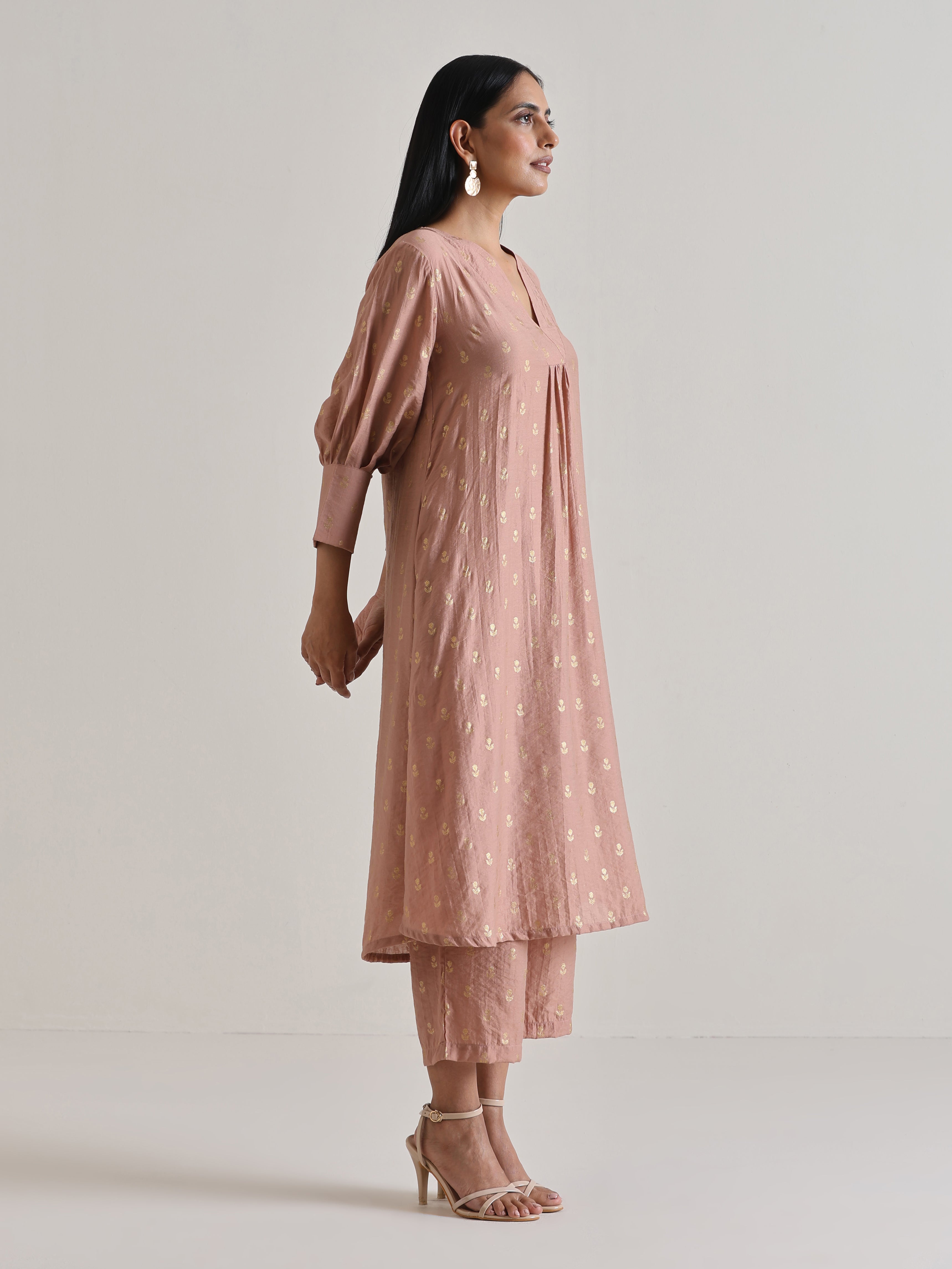 Beige Foil Puff Sleeve Kurta Set trueBrowns