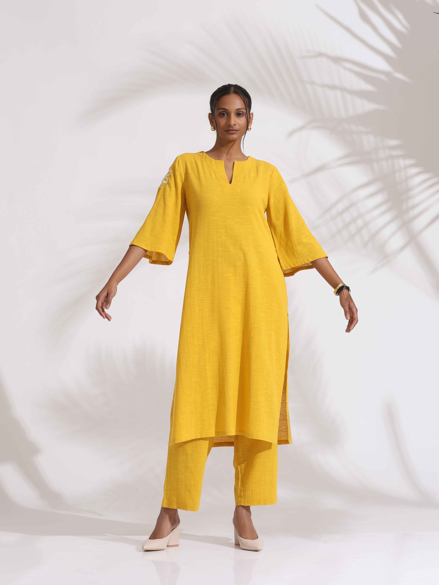 trueBrowns Yellow Cotton Slub Embroidered Straight Kurta Set