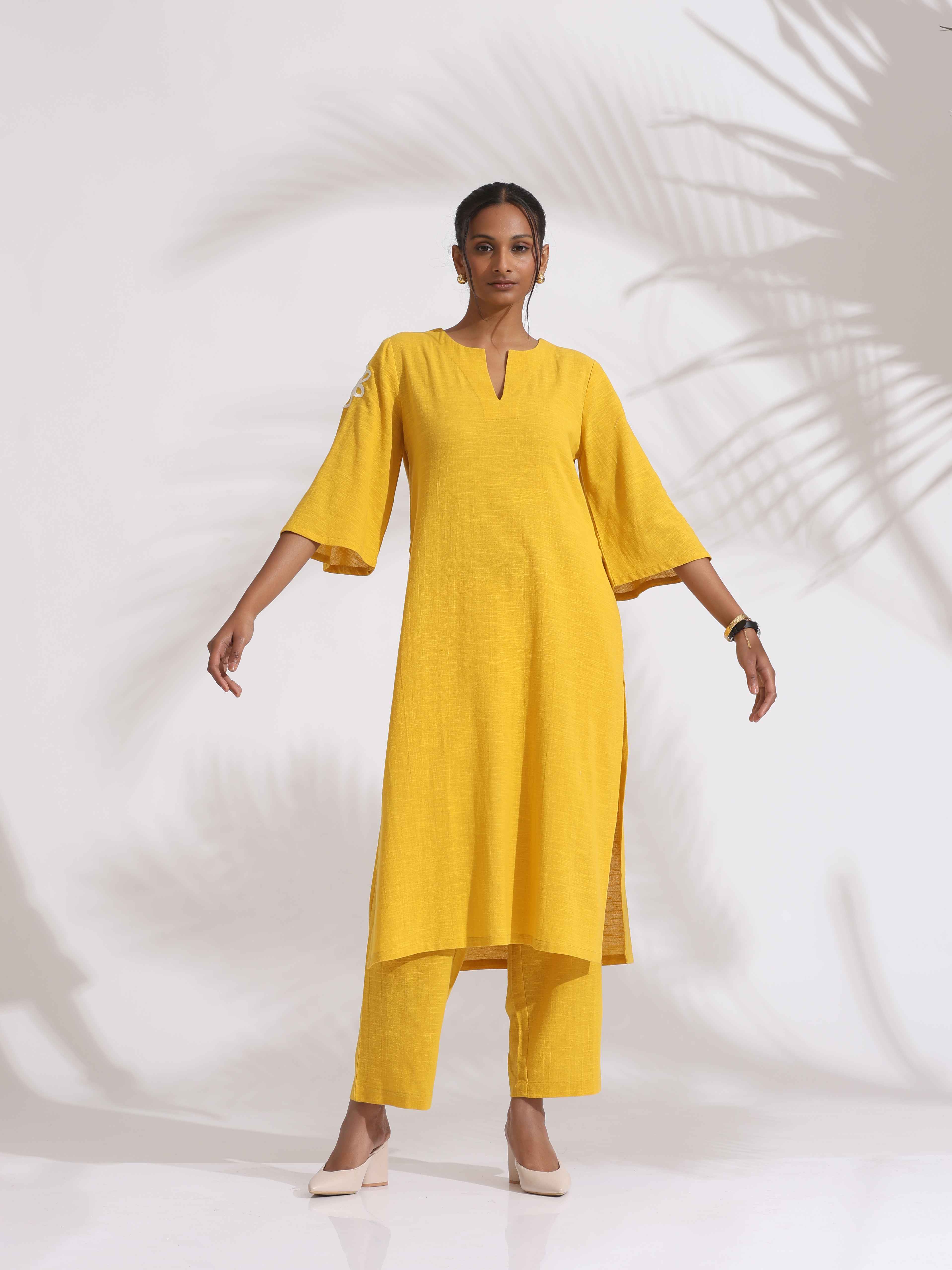 trueBrowns Yellow Cotton Slub Embroidered Straight Kurta Set