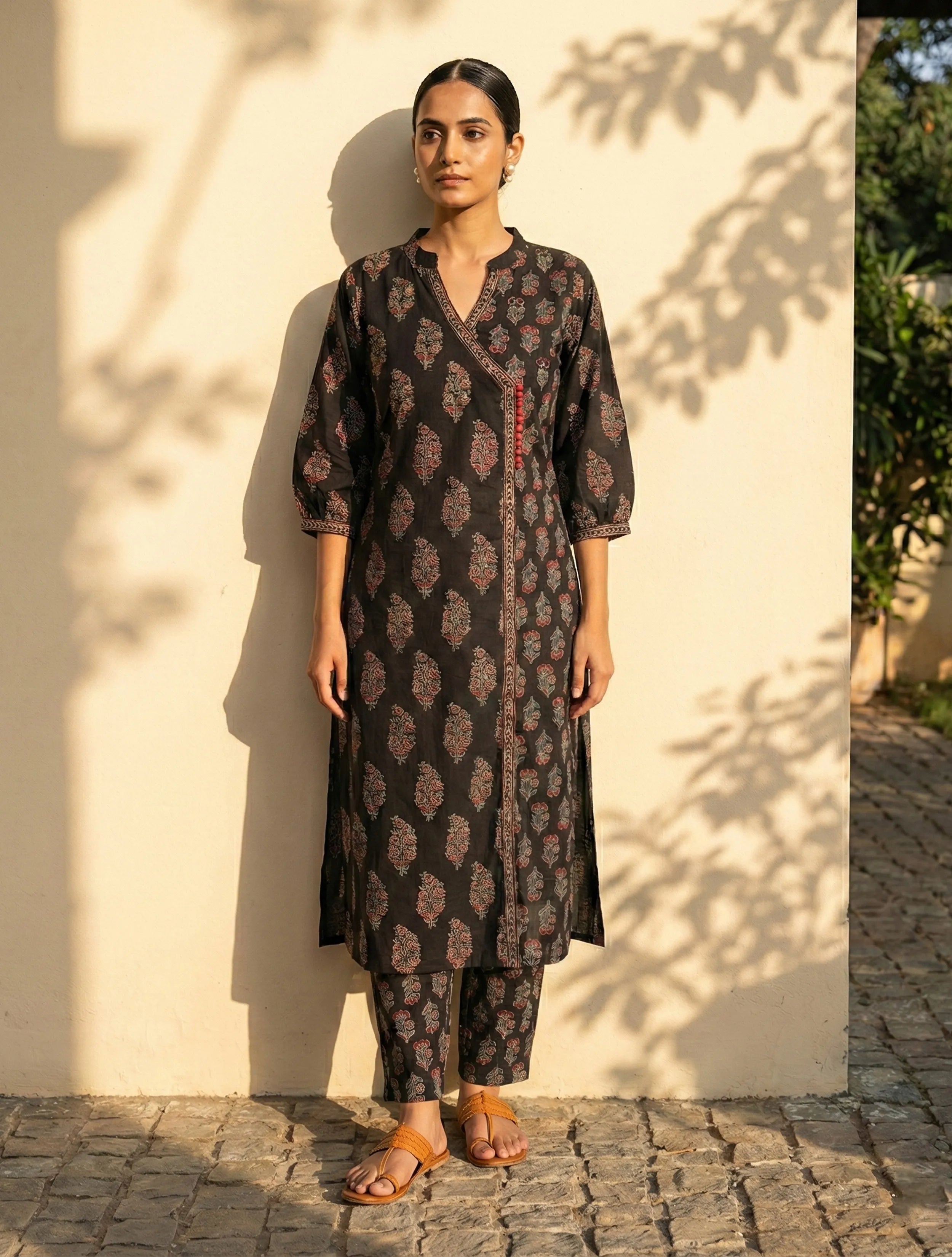 trueBrowns Black Boota Print Angrakha Kurta Pant Dupatta Set