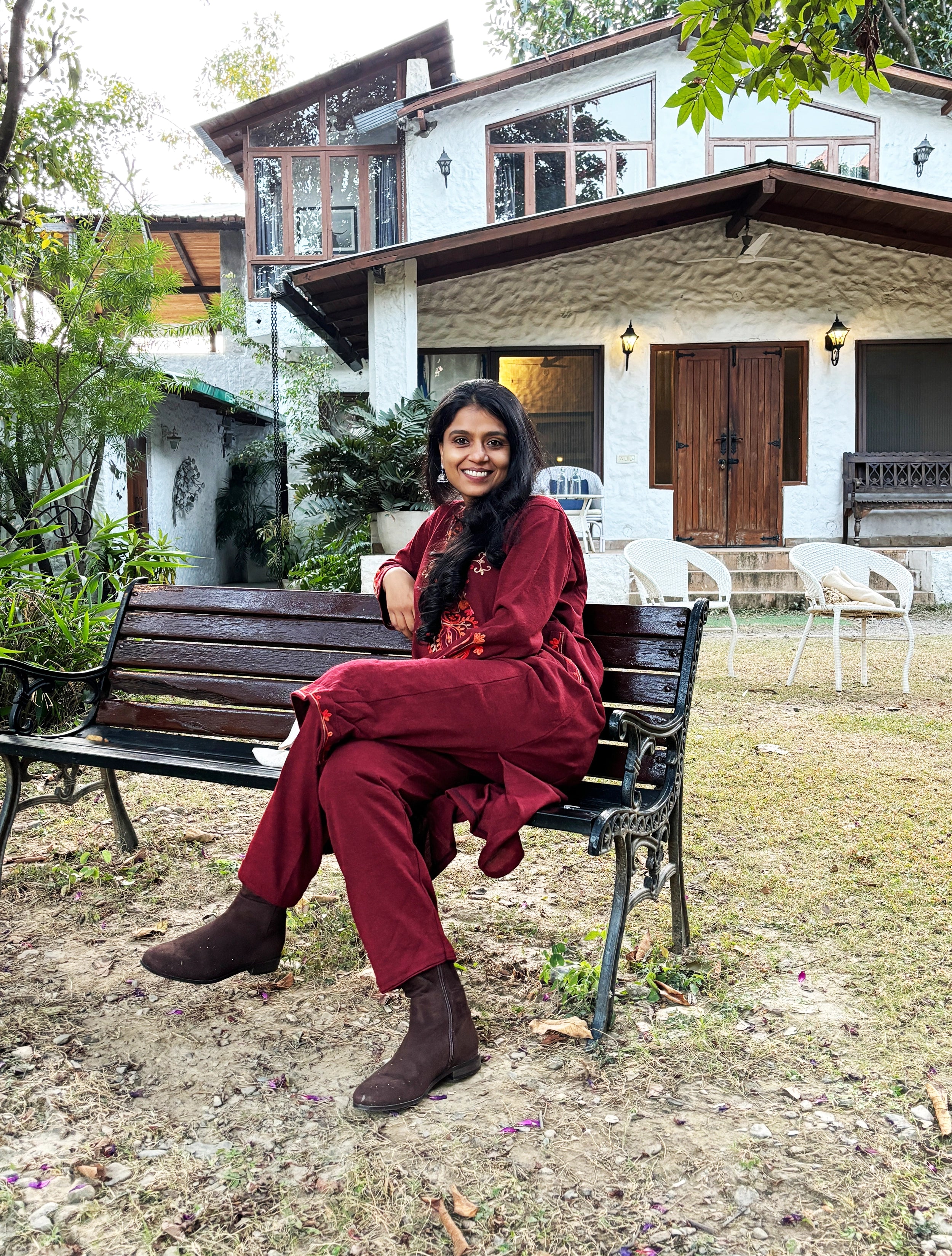 trueBrowns Maroon Embroidered Woollen Phiran Kurta Set