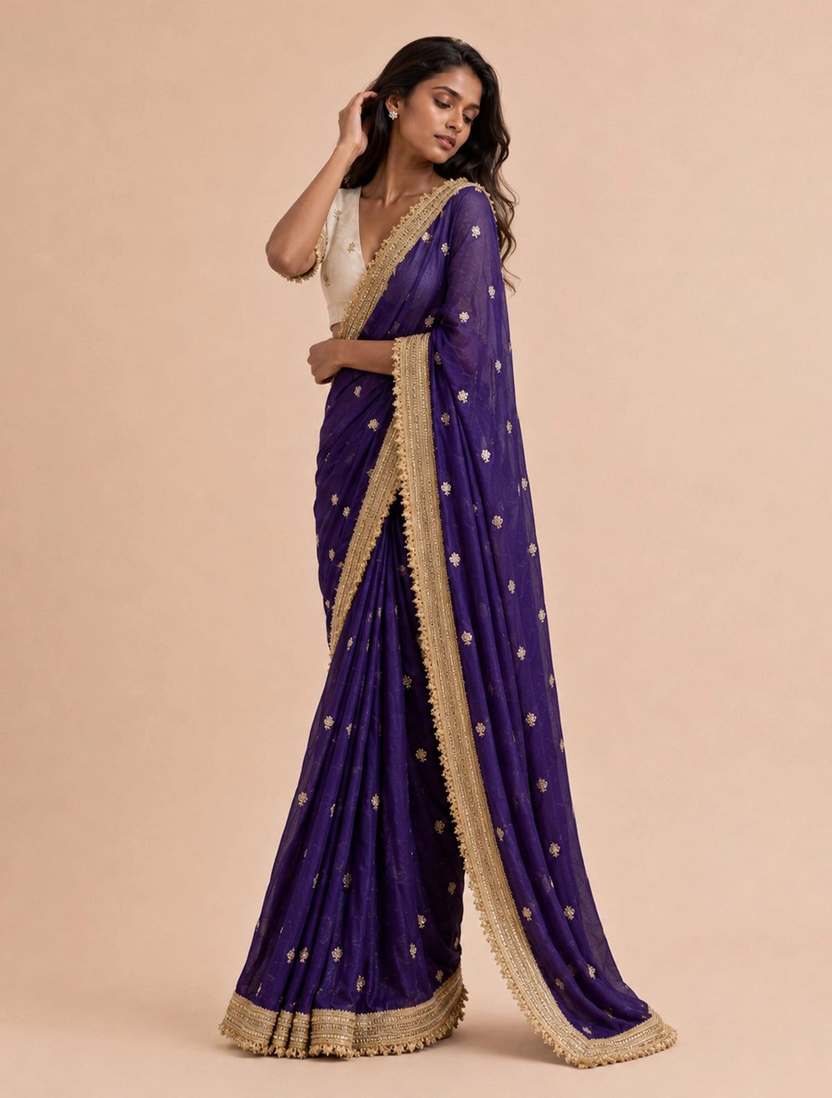 trueBrowns Purple Embroidered Satin Tissue Saree With Unstitched Blouse