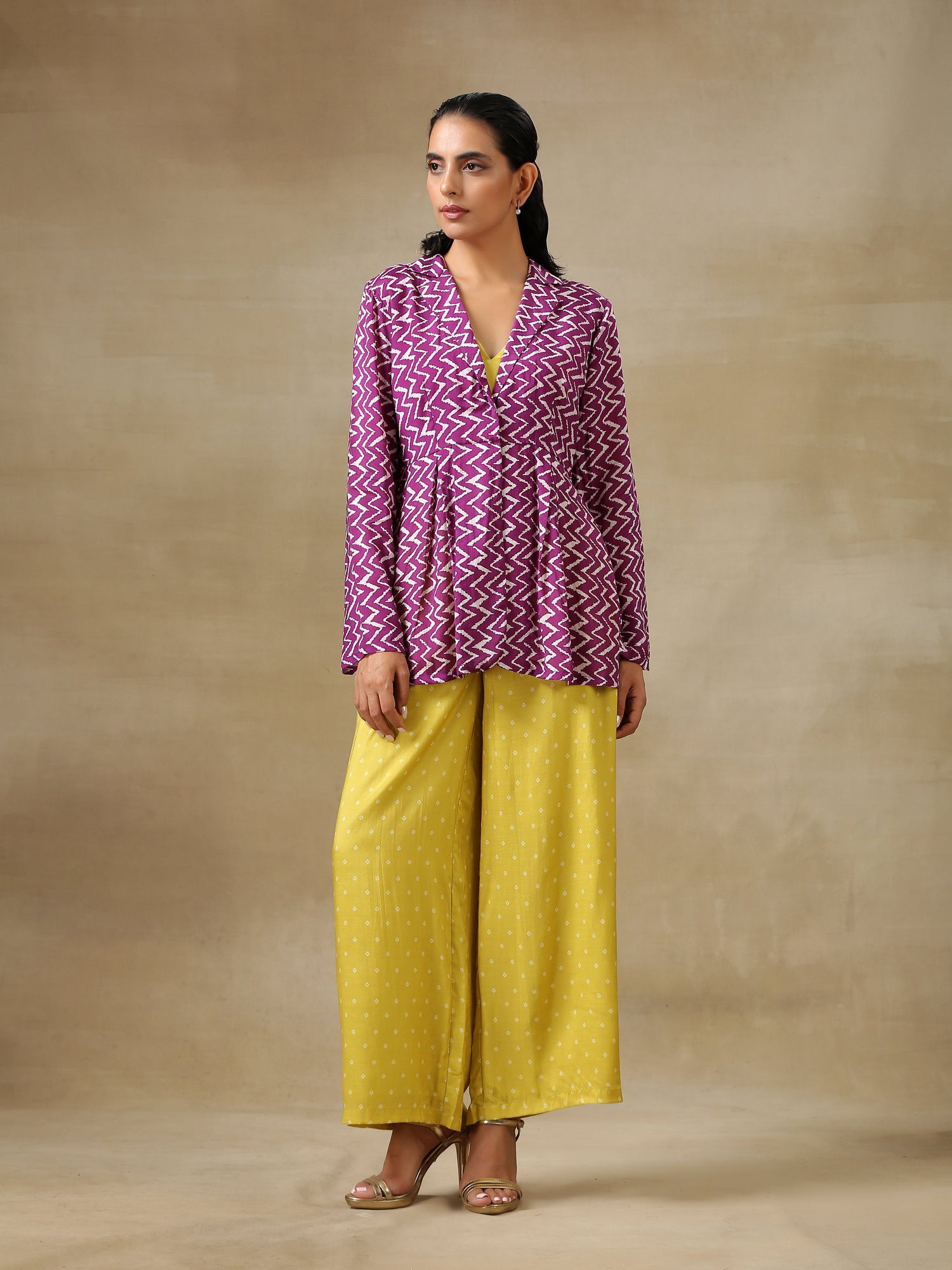 Lime Green Bandhani Printed Silk Top Pant with Purple Printed Jacket Set