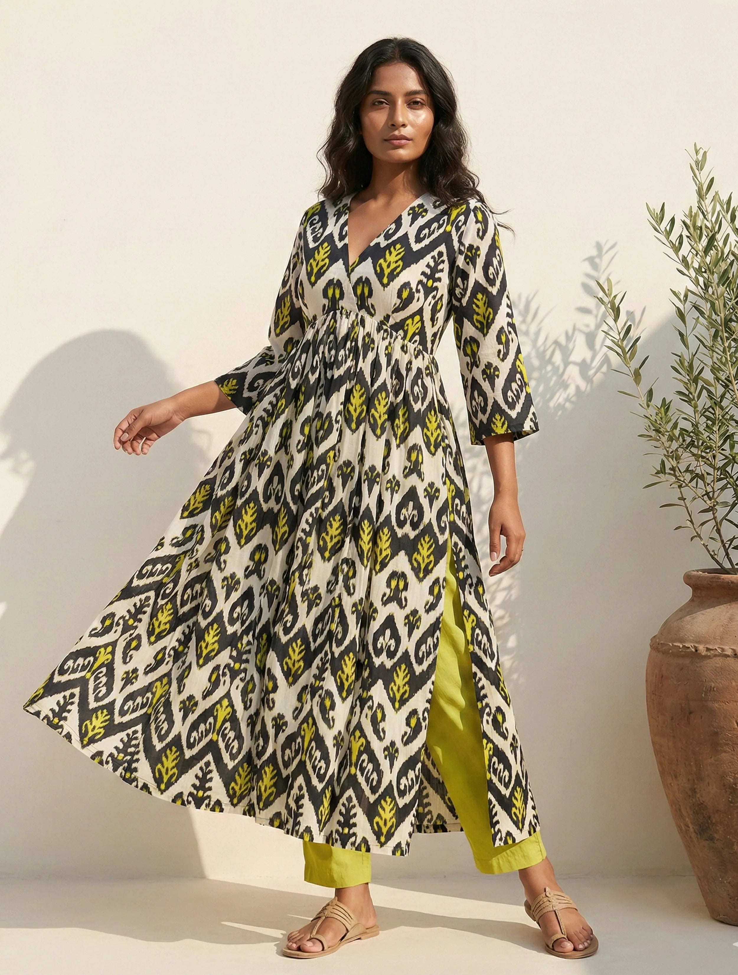 trueBrowns Black White Ikat Print Cotton Anarkali High-Slit Kurta Set