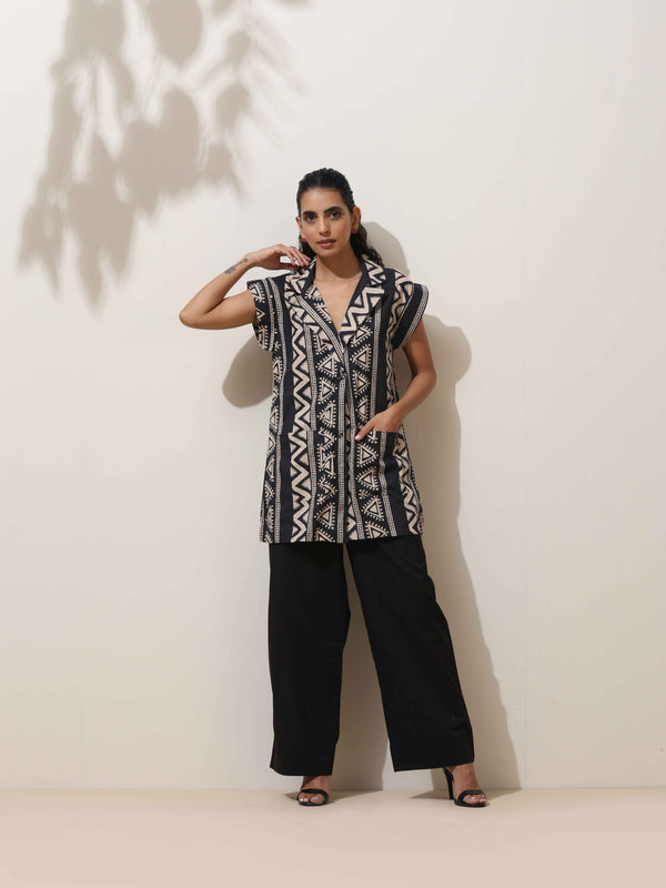 trueBrowns Beige Cotton Geometric Print Jacket Co-ord Set