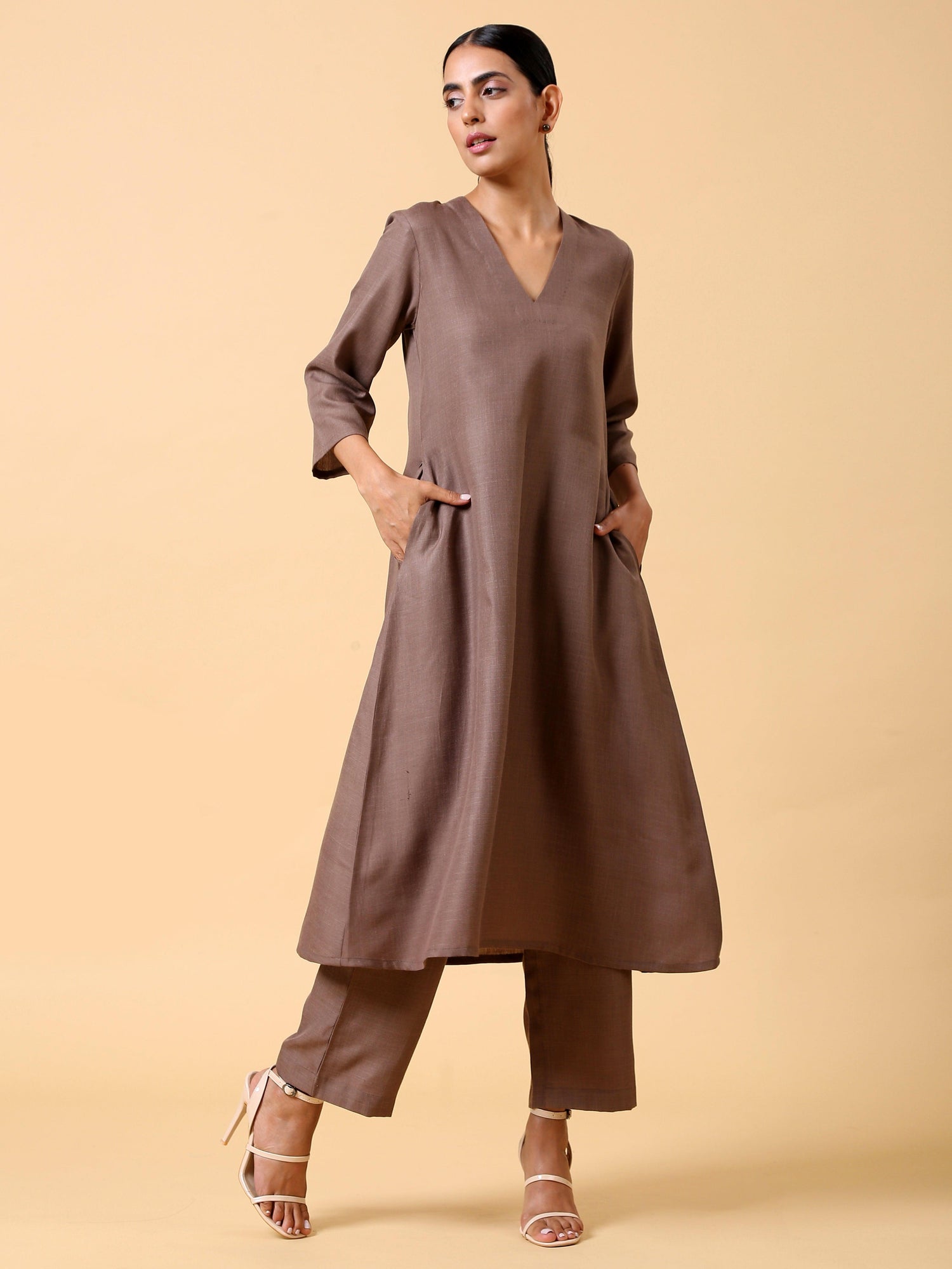 Cotton Linen Burnt Brown Kurta Pant Set - trueBrowns