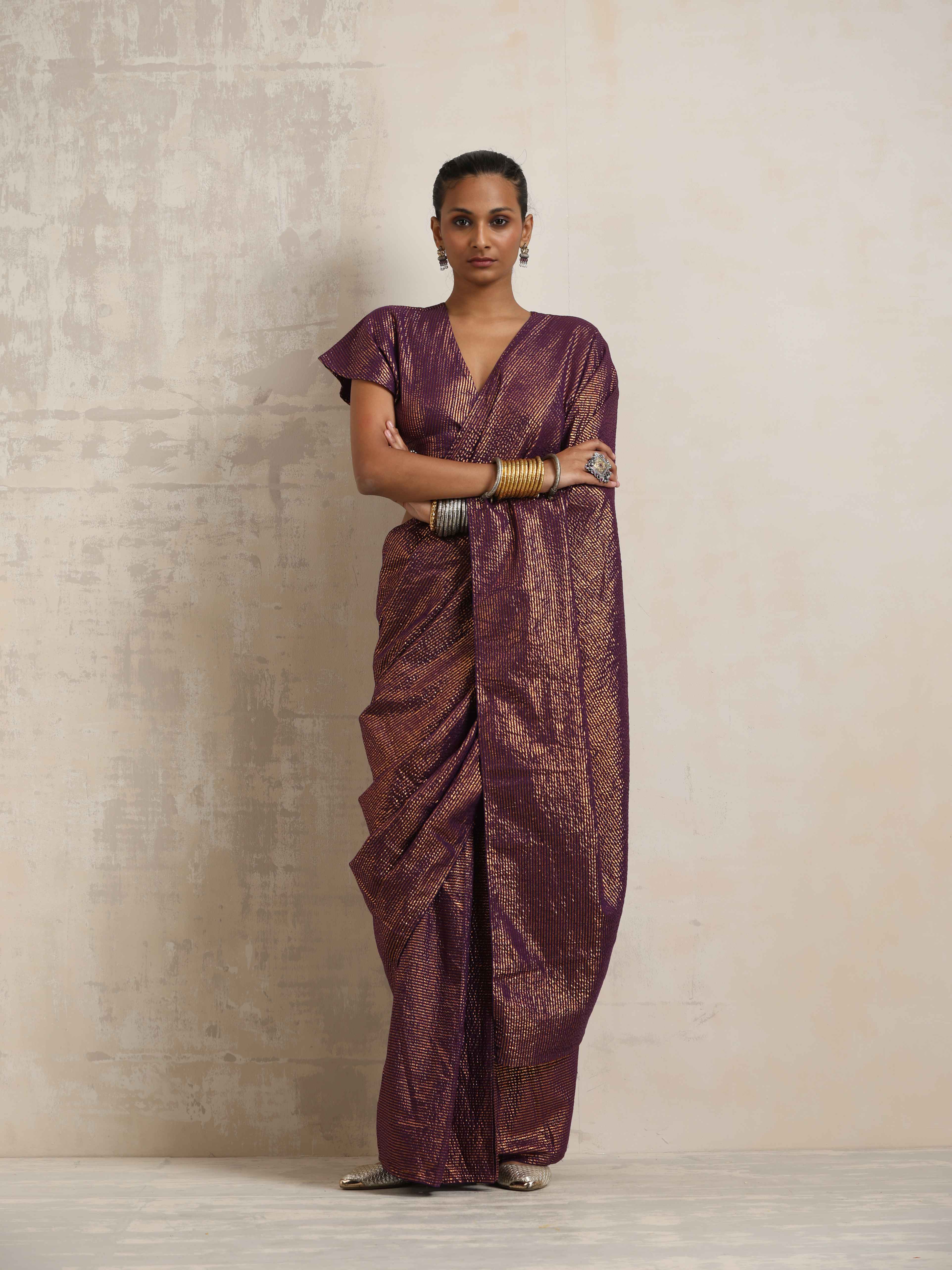 trueBrowns Purple Gold Lurex Ready To Wear Saree