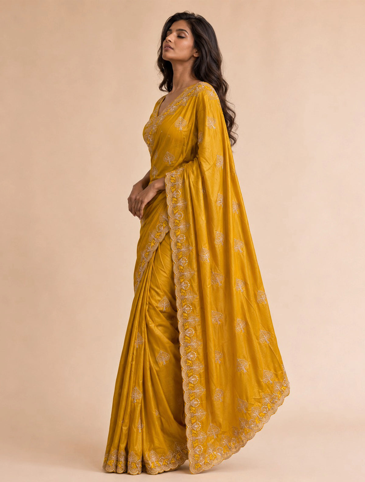 trueBrowns Mustard Paan Embroidered Silk Blend Saree With Unstitched Blouse