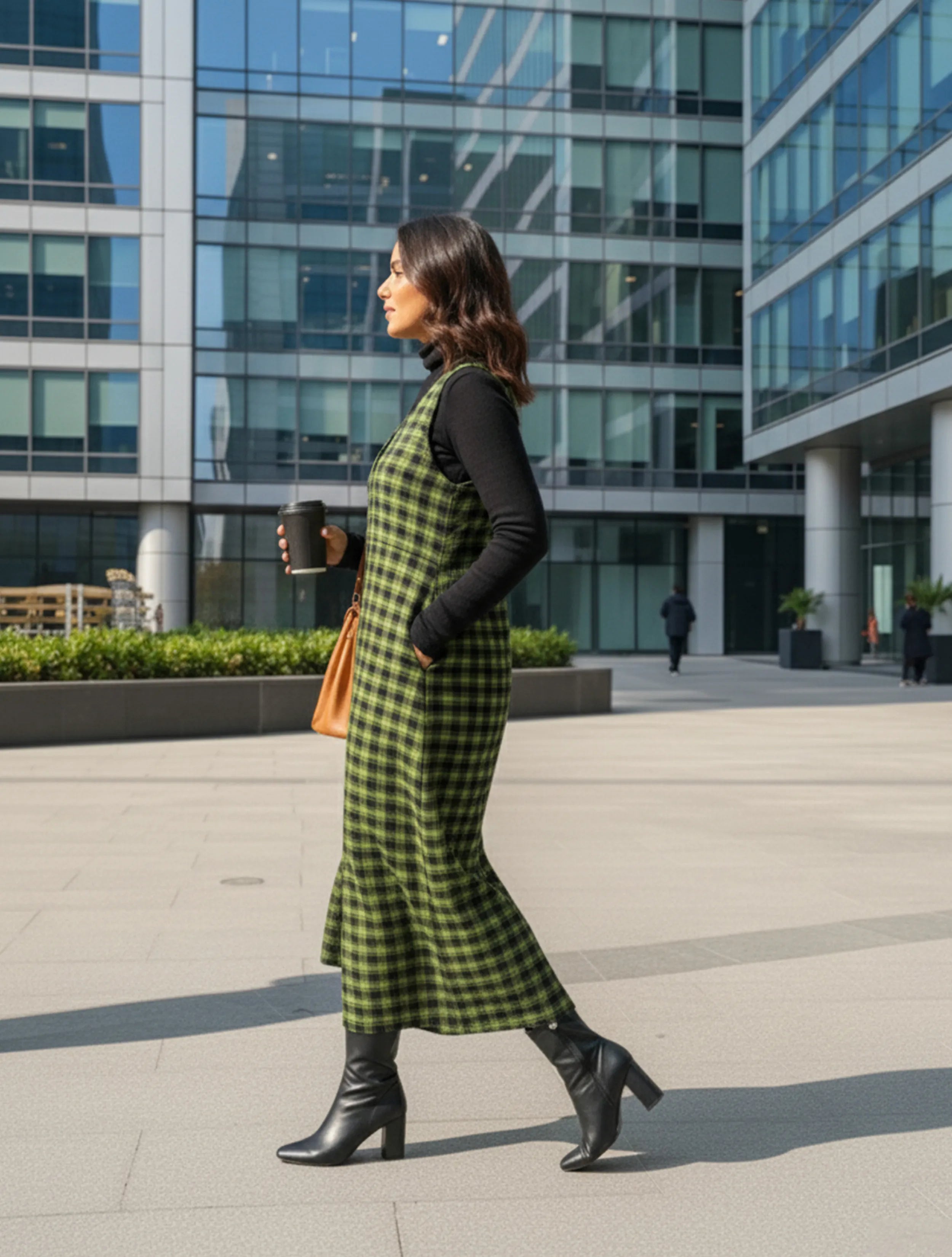 trueBrowns Green Black Sleeveless Check Dress