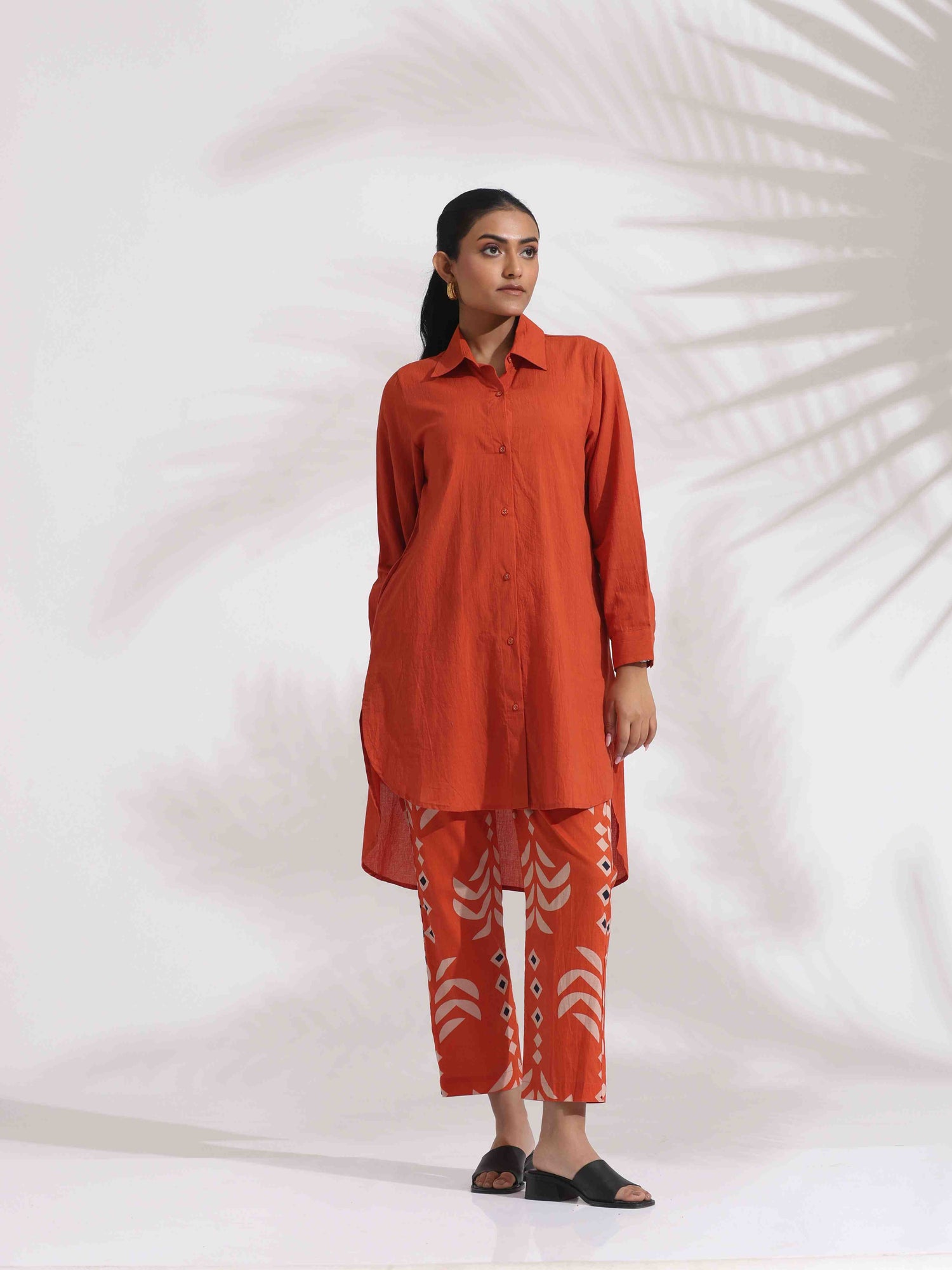 trueBrowns Orange Cotton Solid Shirt Kurta Co-ord Set