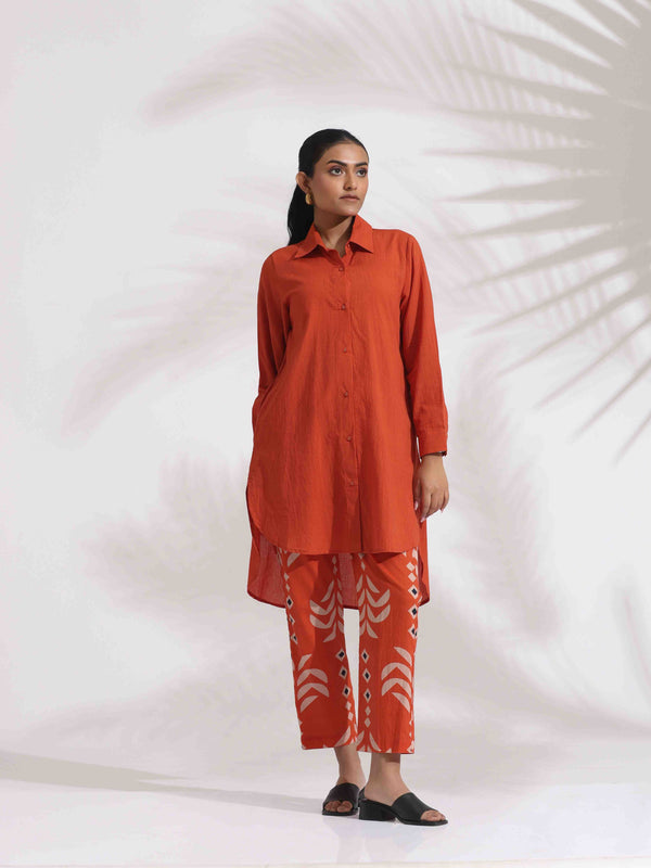 trueBrowns Orange Cotton Solid Shirt Kurta Co-ord Set