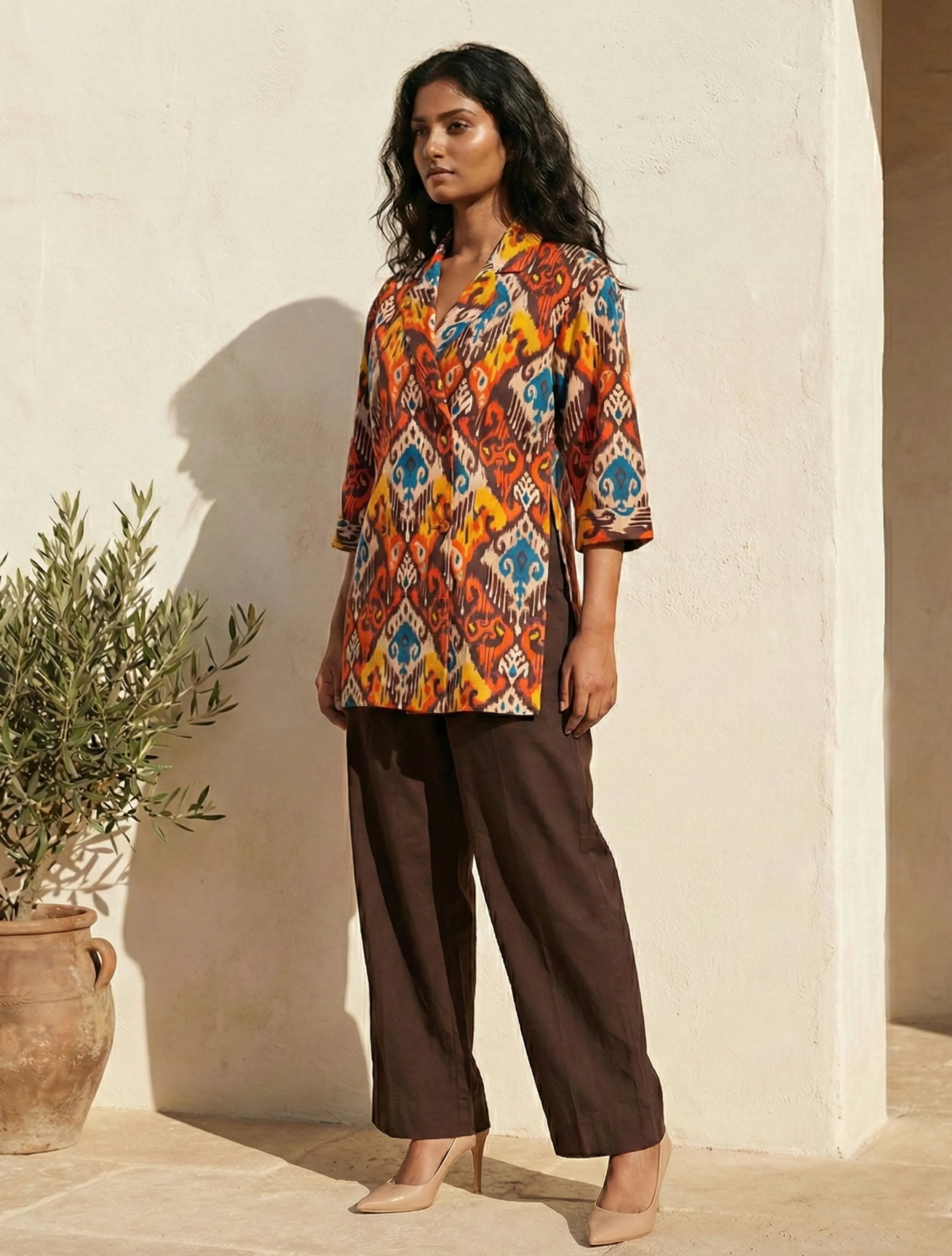 trueBrowns Multicolour Ikat Print Cotton Poplin Blazer Co-Ord Set