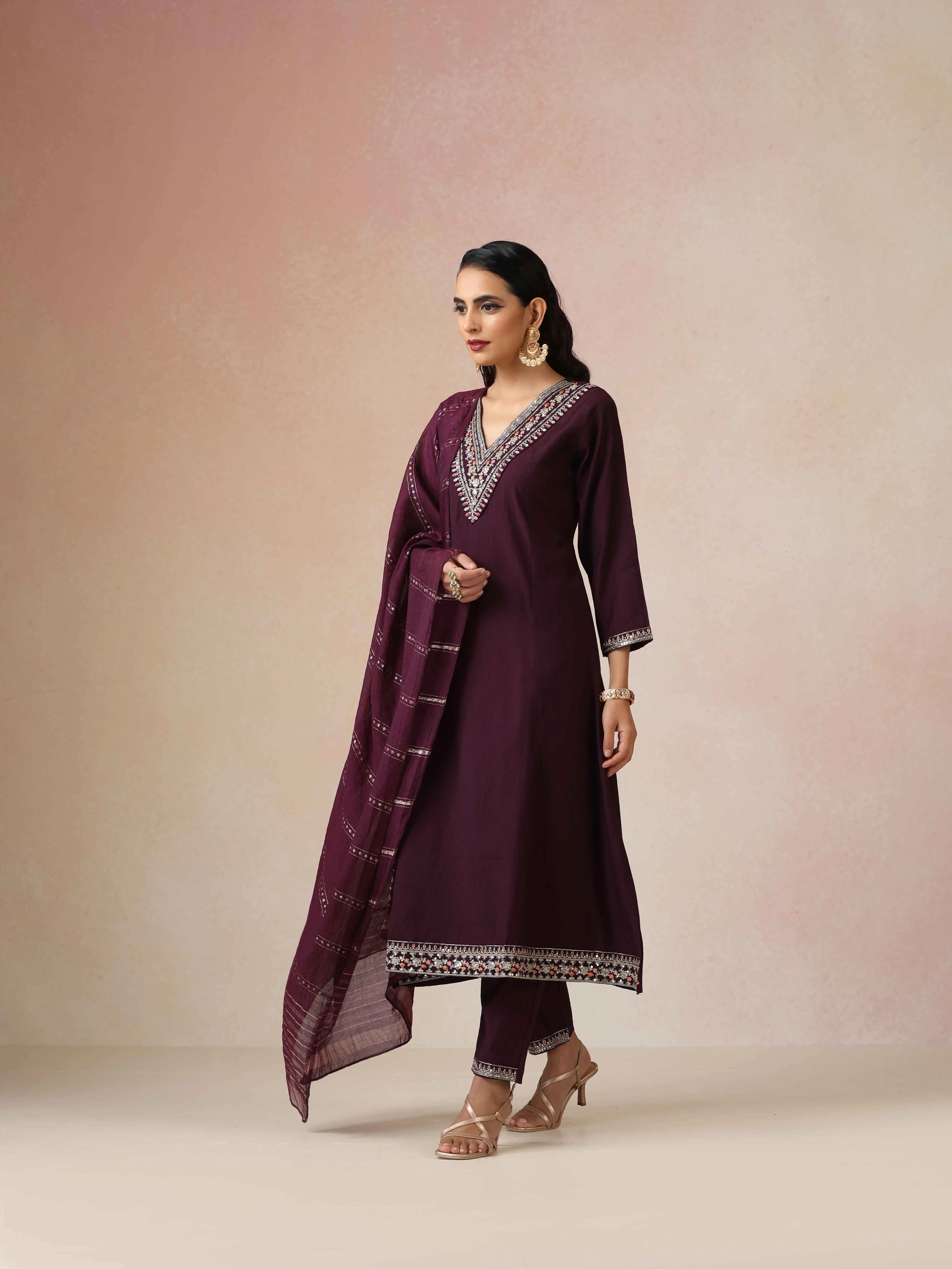 trueBrowns Purple Embroidered A-line Kurta 3pc Set
