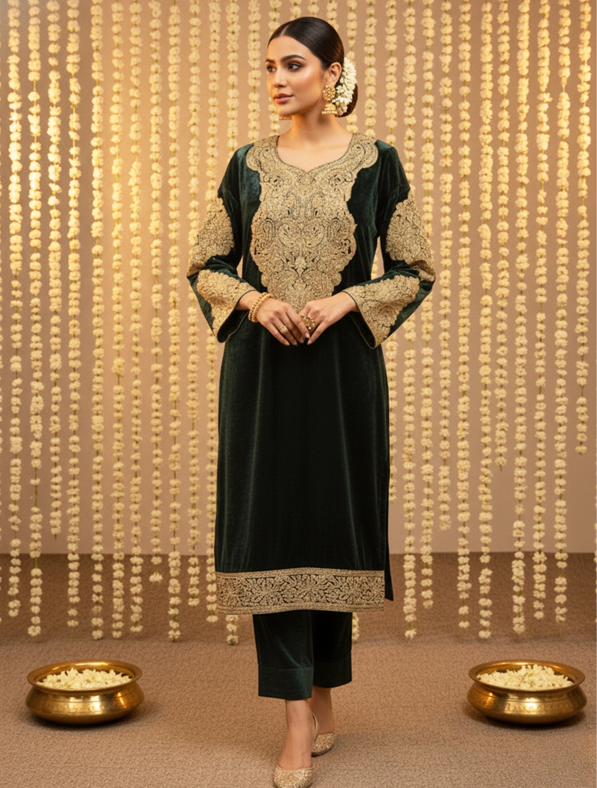 trueBrowns Green Velvet Embroidered Chogha Pants Dupatta Set