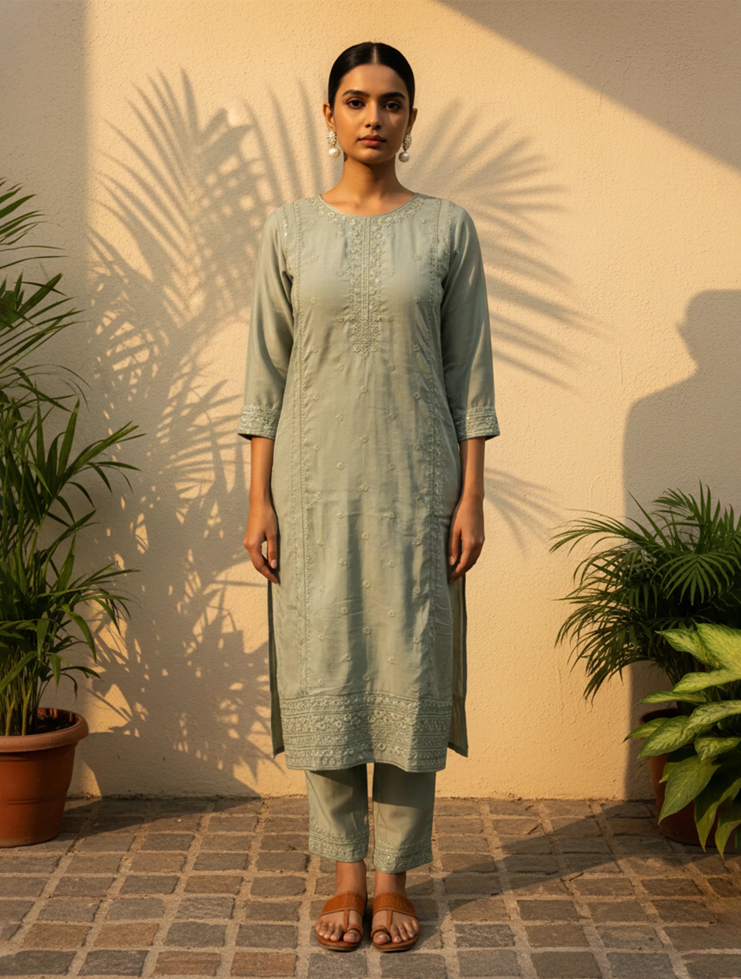 trueBrowns Sage Green Embroidered Straight Kurta Pant Dupatta Set