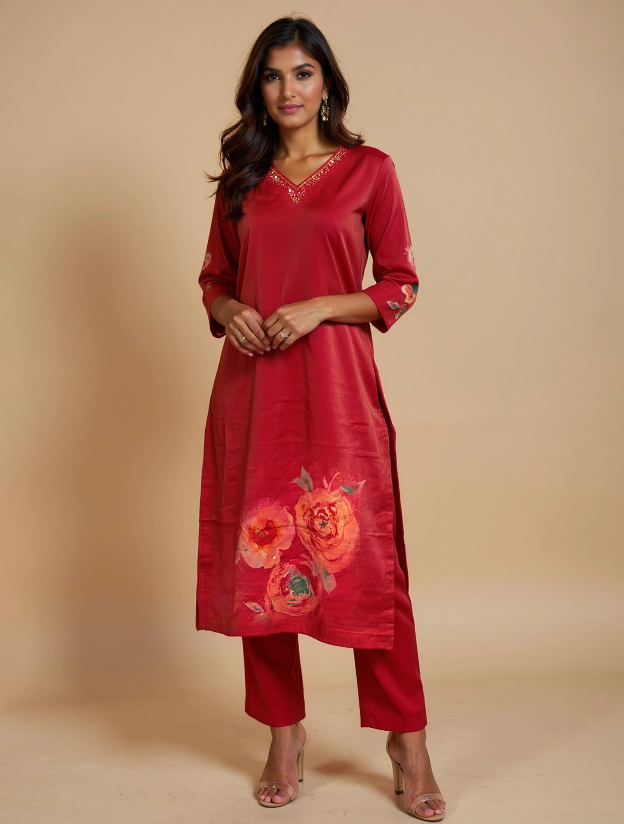 trueBrowns Pink Floral Print Kurta Pant Dupatta Set