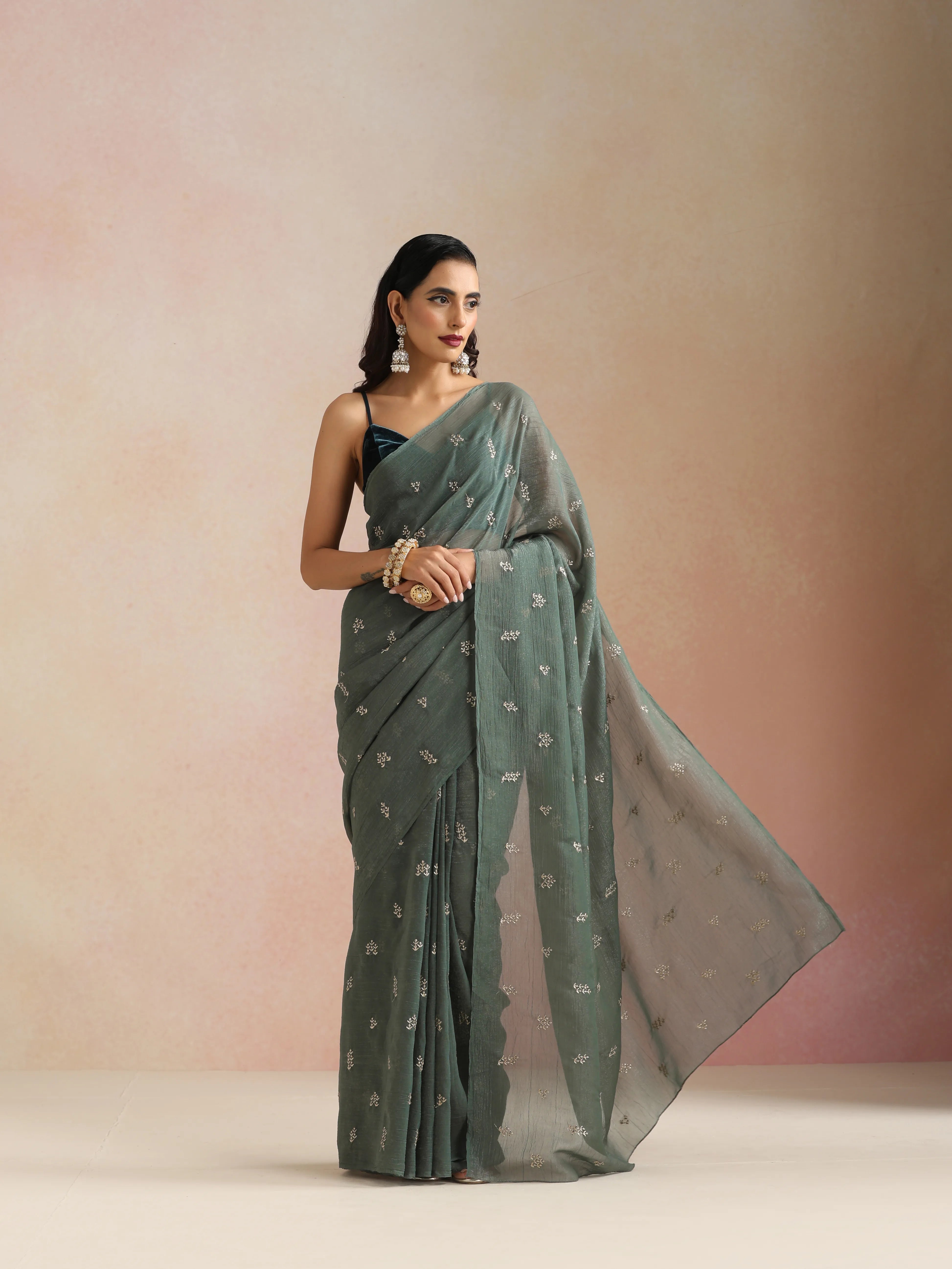trueBrowns Turq All Over Embroidered Saree With Unstitched Blouse