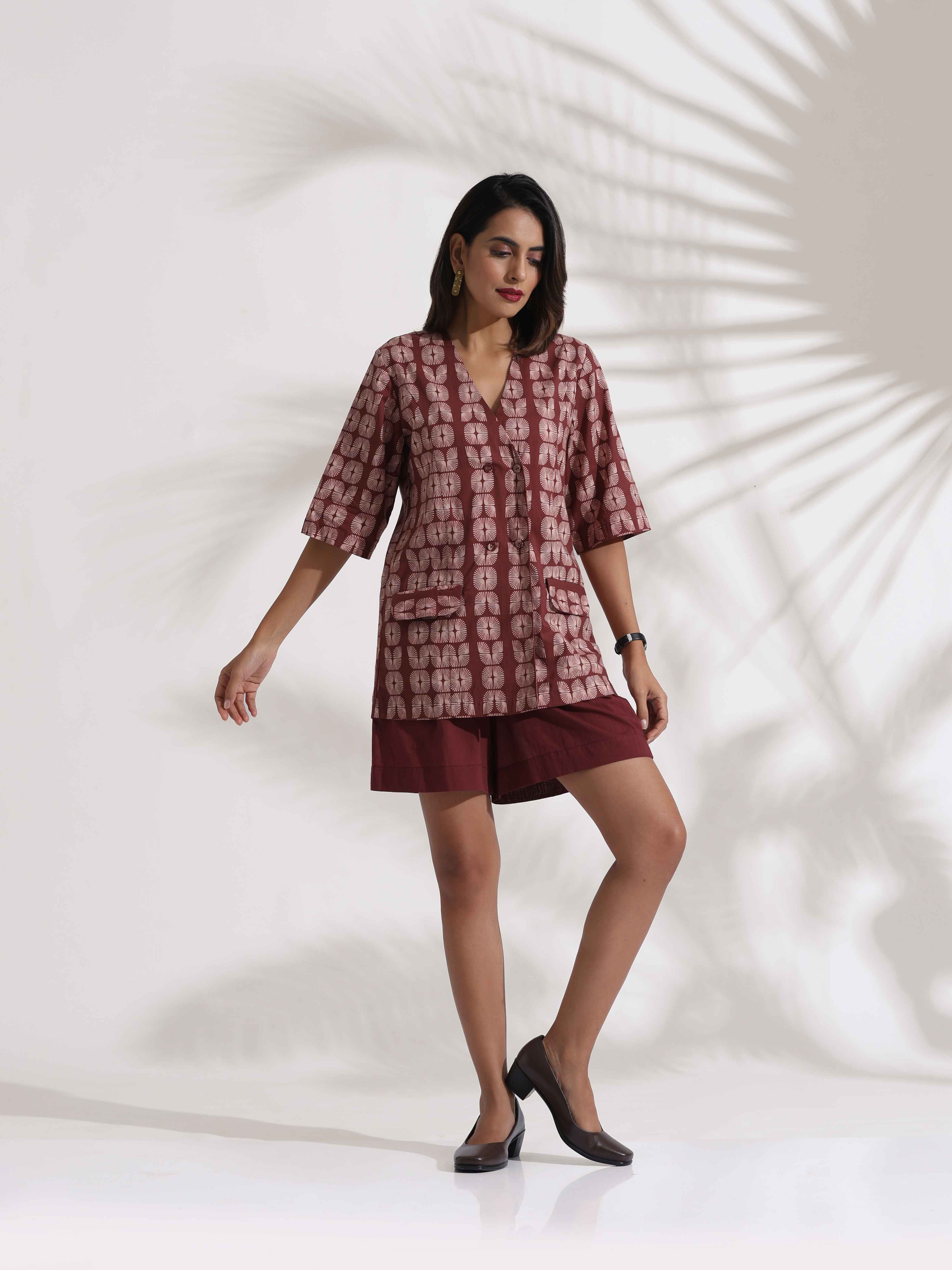 trueBrowns Brown Cotton Print Jacket Top & Short Co-ord Set