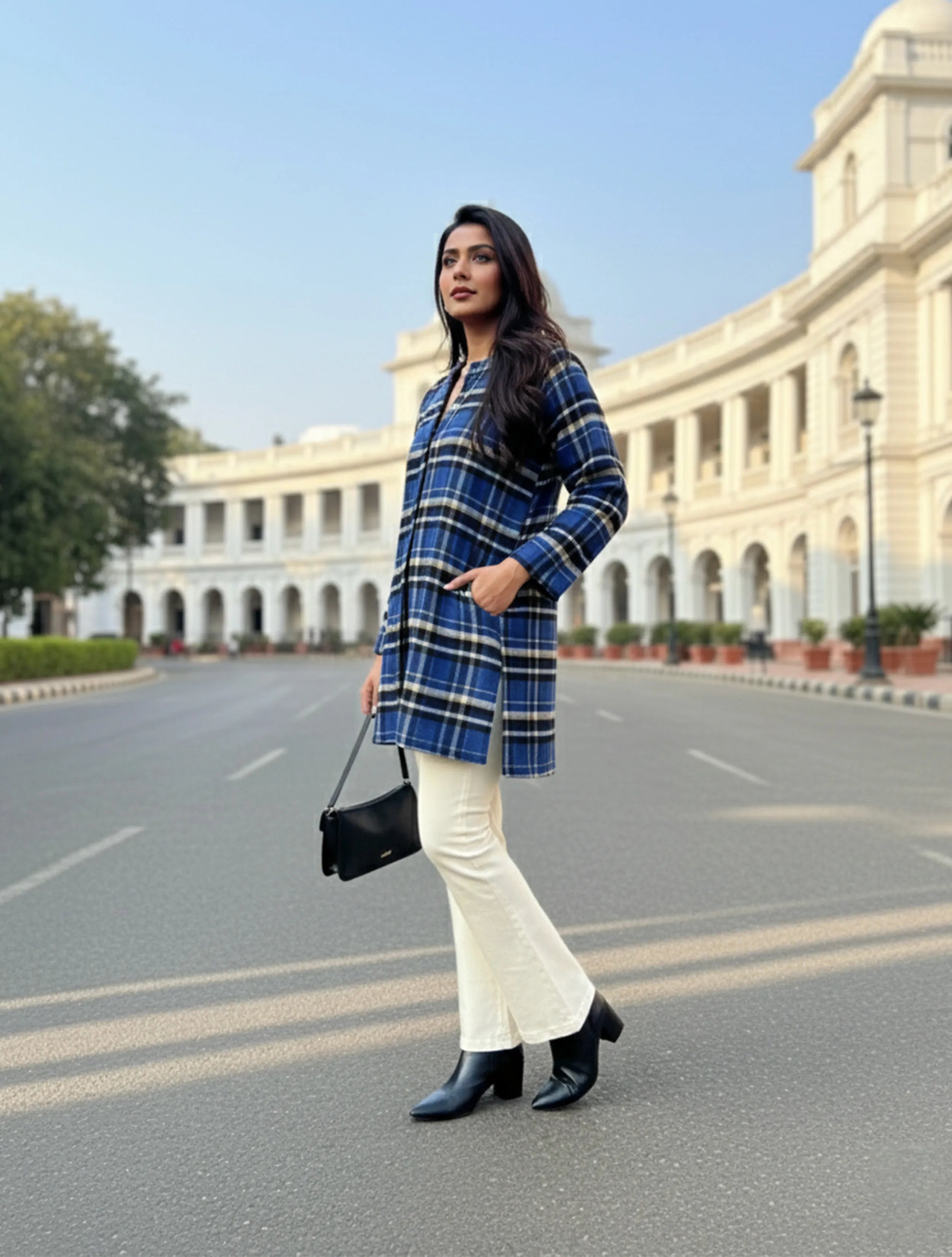 trueBrowns Blue Check Round V-Neck Woollen Top