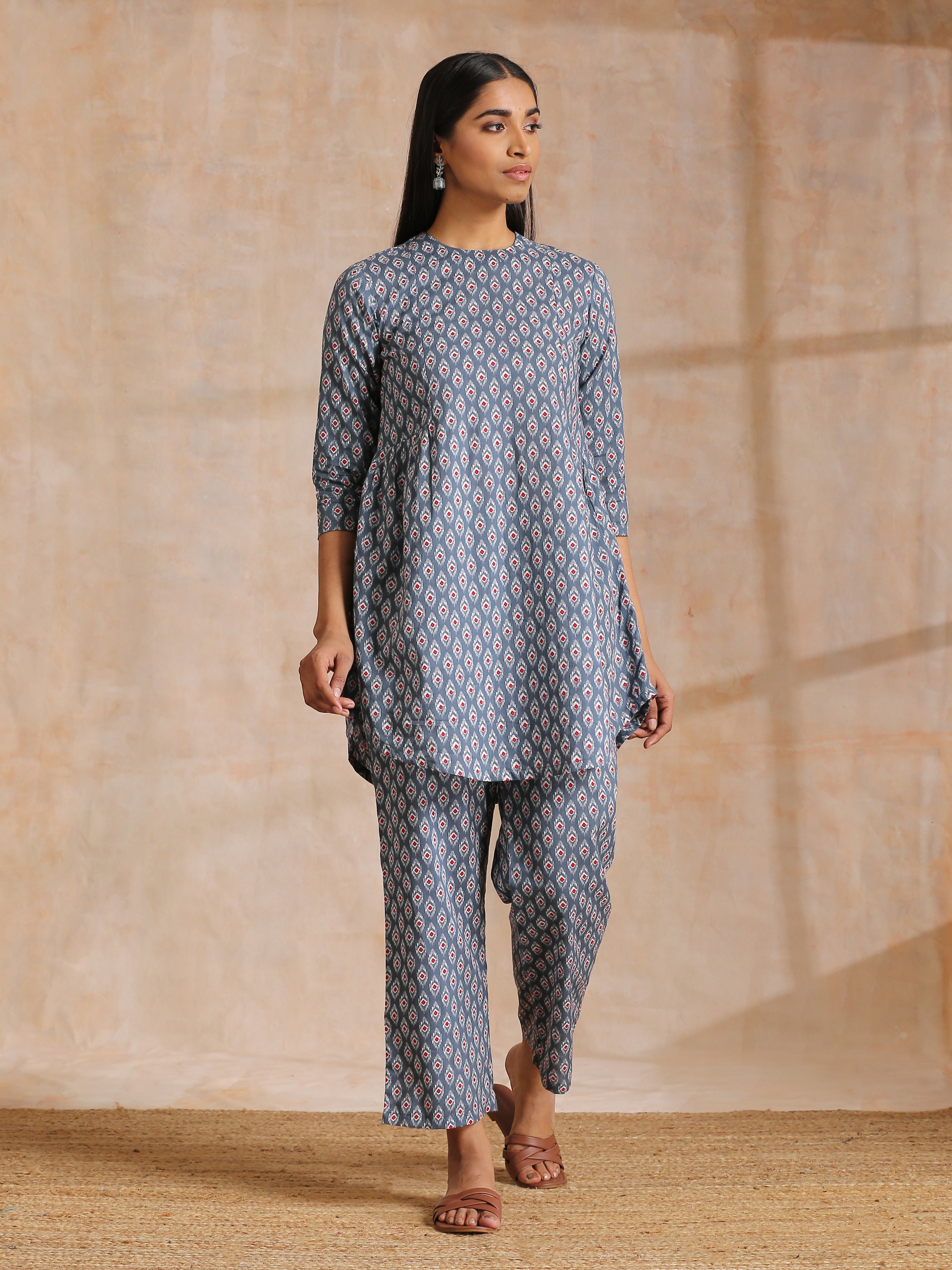 Steel Grey Ikat Print Cotton Gathers Co-Ord Set
