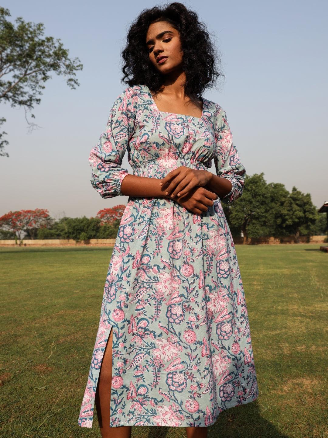 Powder Blue Cotton Block Print Square Neck Dress - trueBrowns
