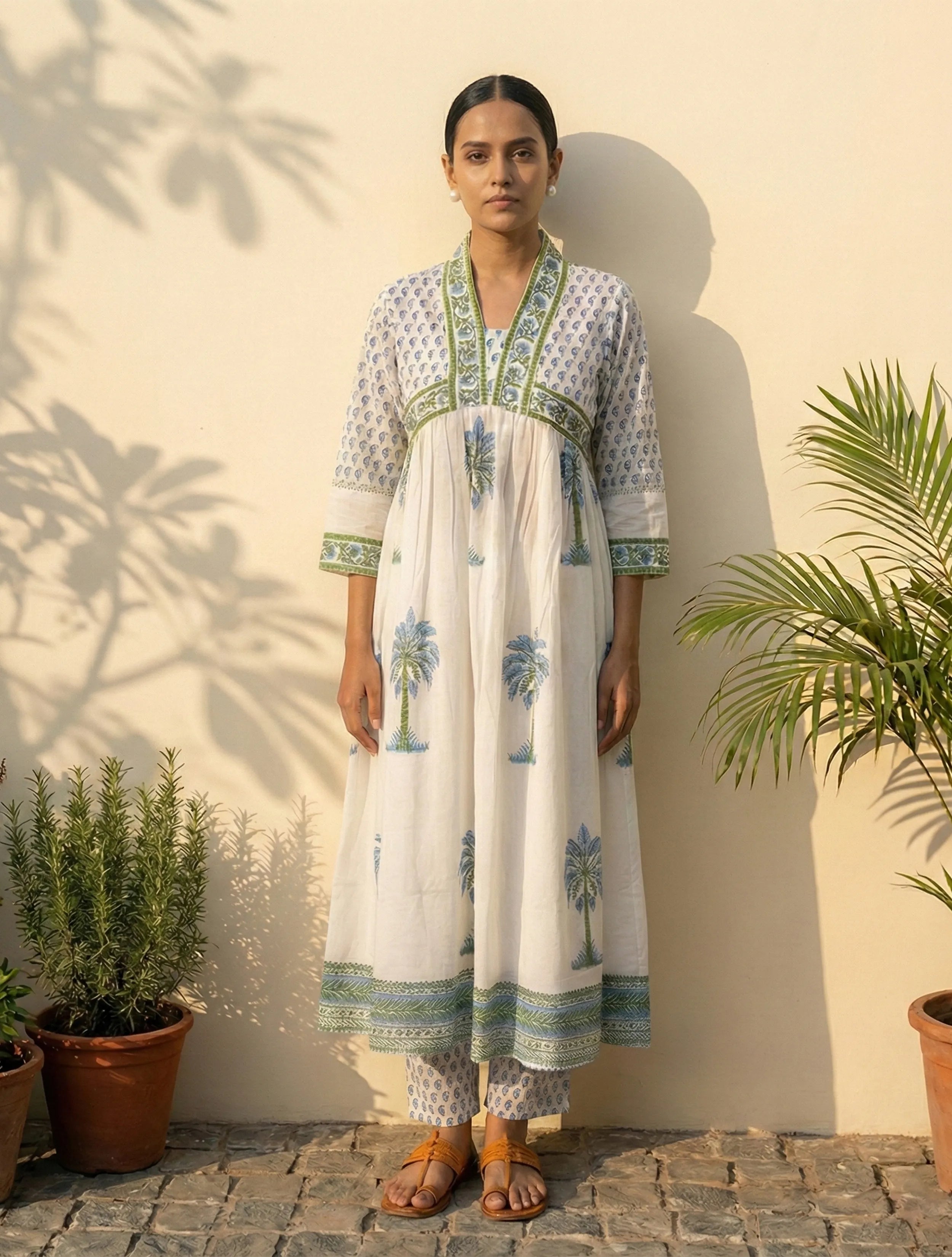 trueBrowns White Blue Printed Anarkali Kurta Pant Dupatta Set