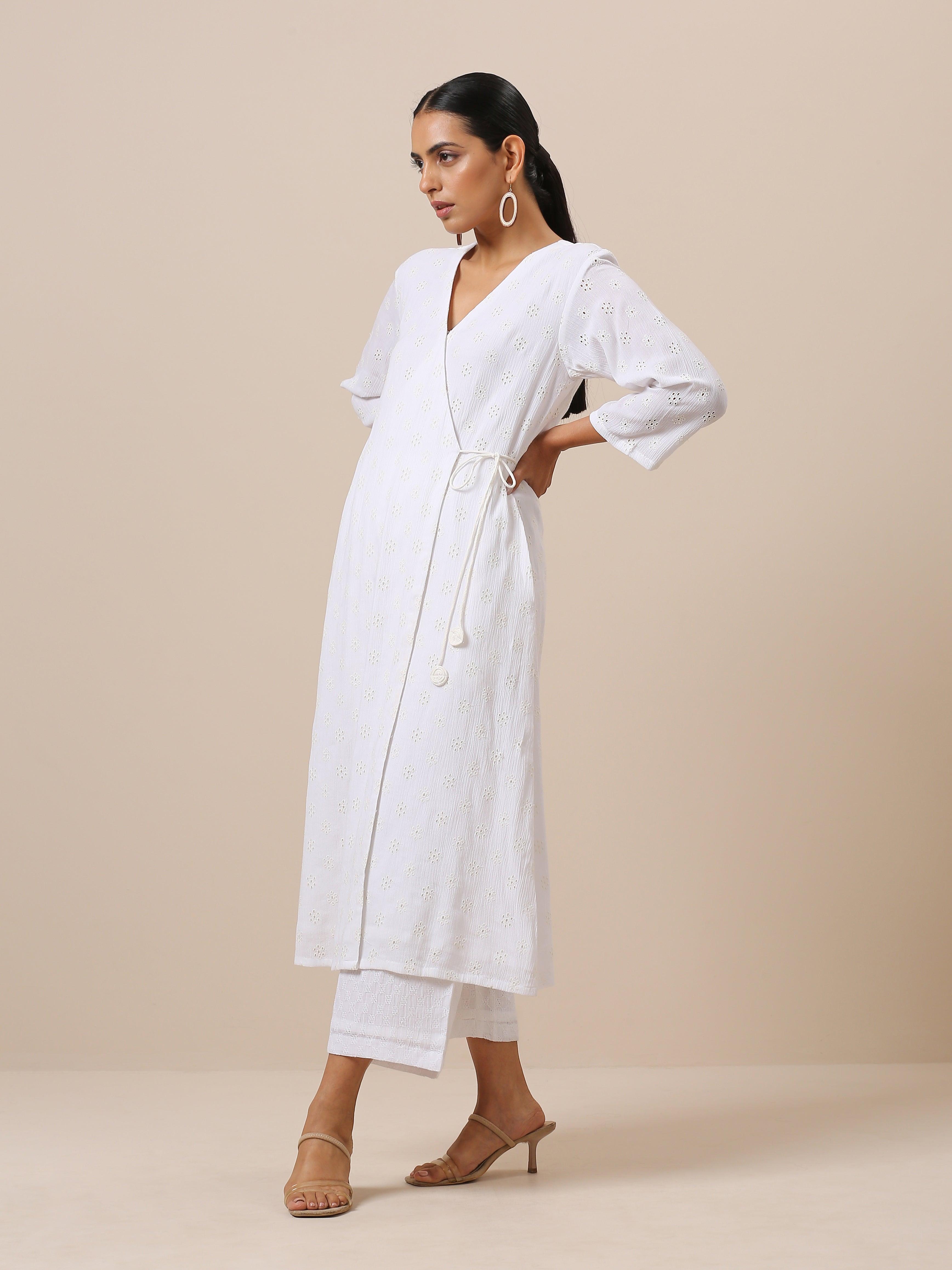 Cotton White Schiffli Angrakha Pant Set - trueBrowns