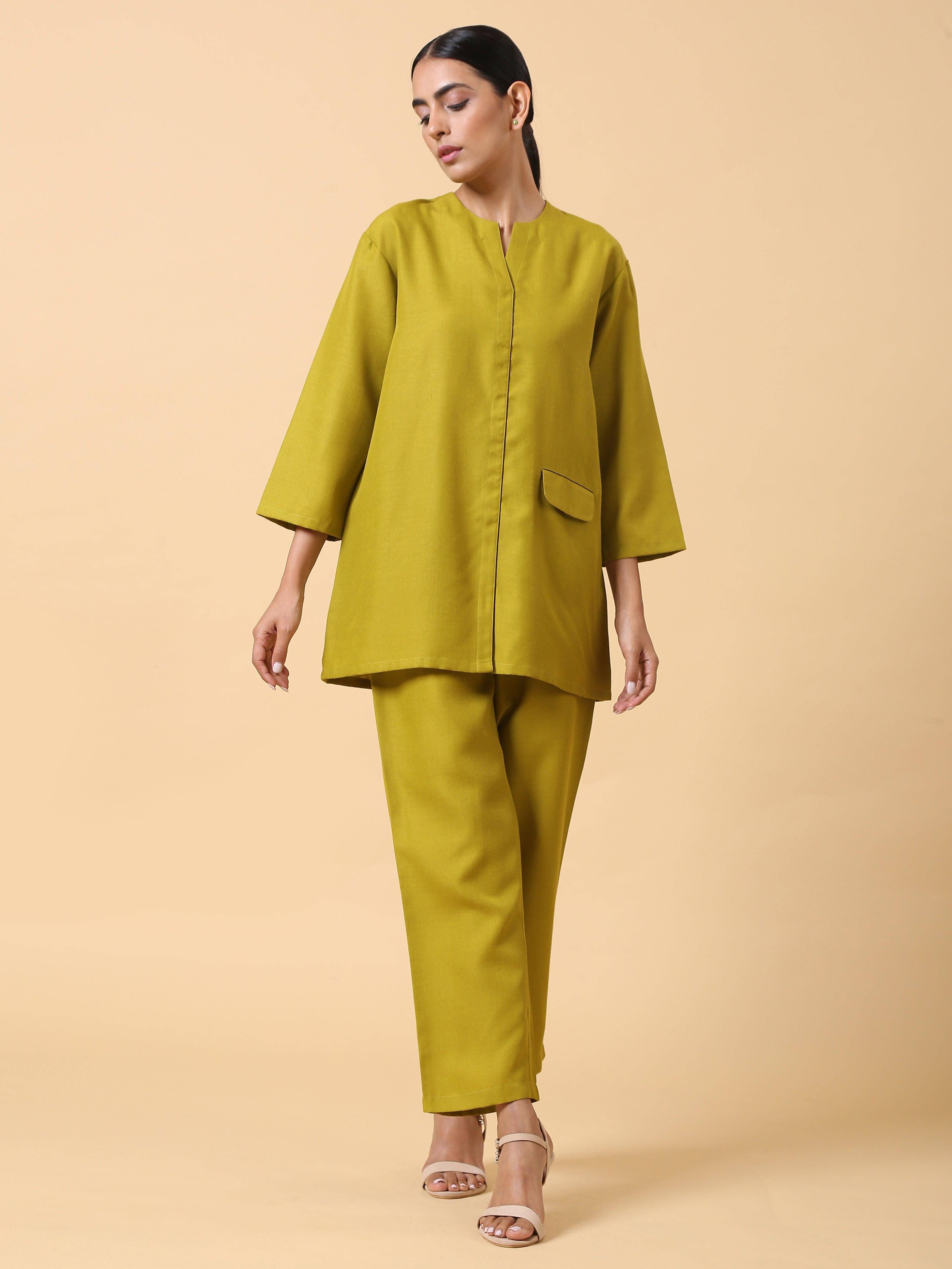 Cotton Linen Lime Green Relaxed Placket Co-Ord Set - trueBrowns