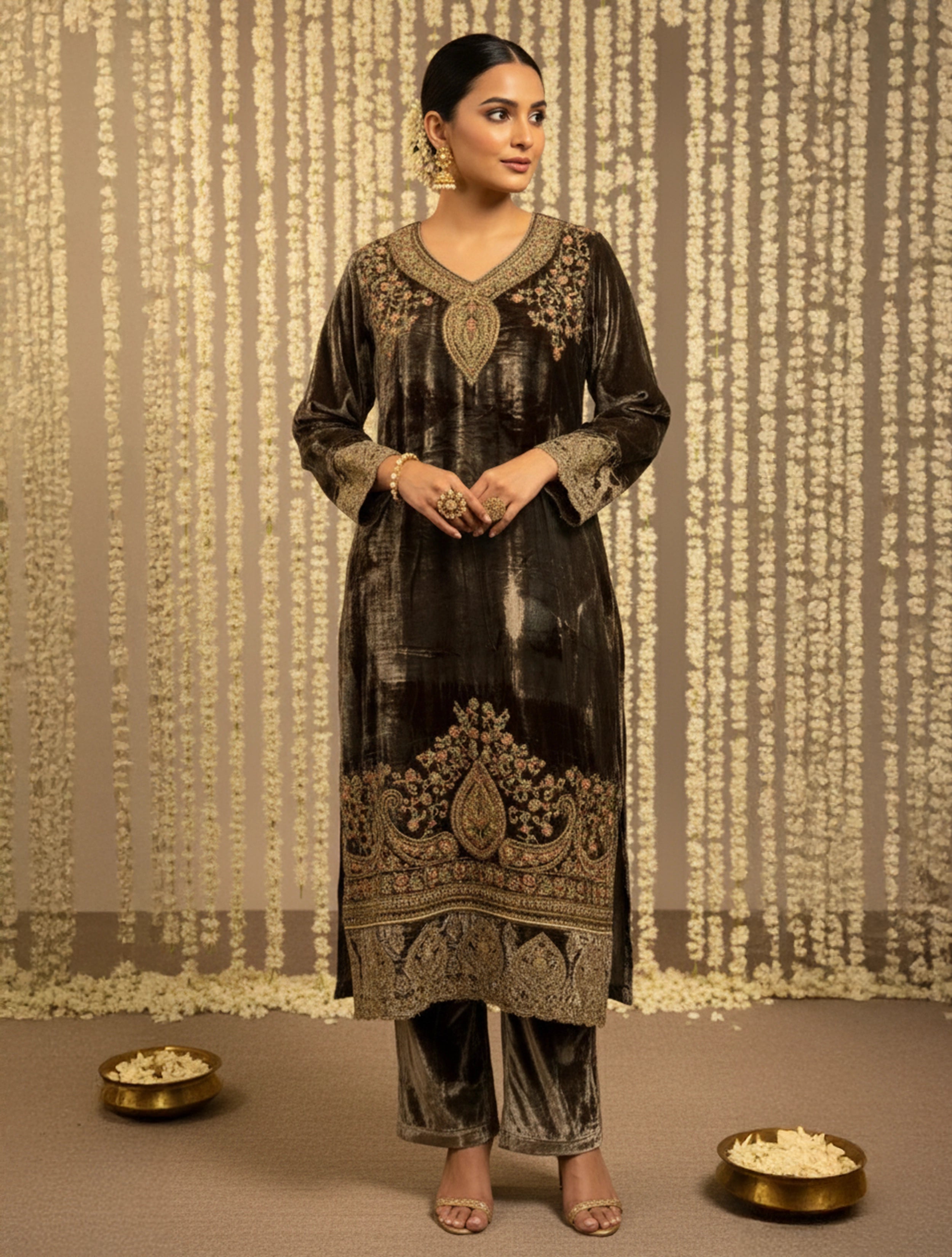 trueBrowns Brown Velvet Embroidered Chogha Pants Dupatta Set