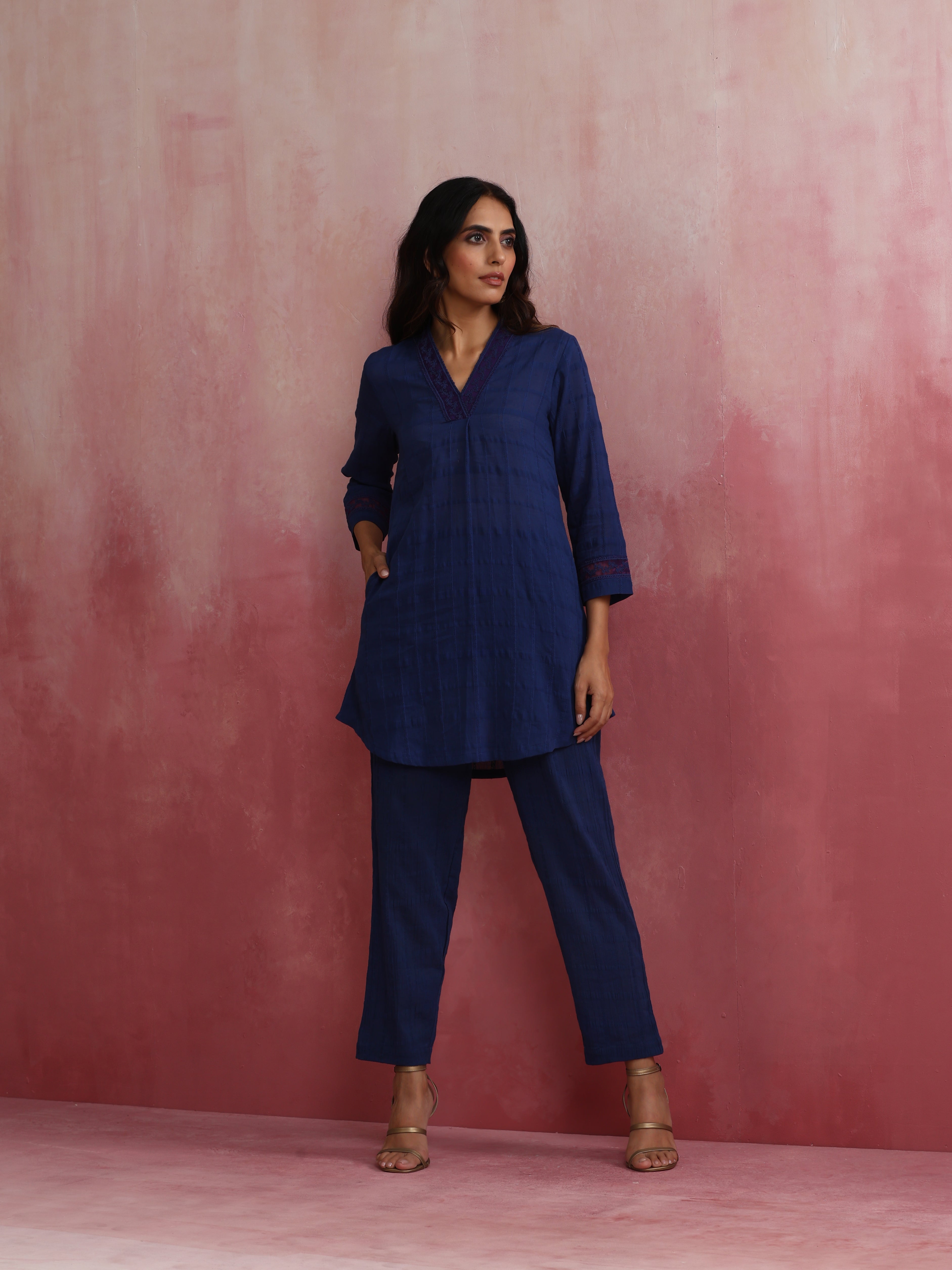 trueBrowns Dark Blue Cotton Dobby Co-ord set
