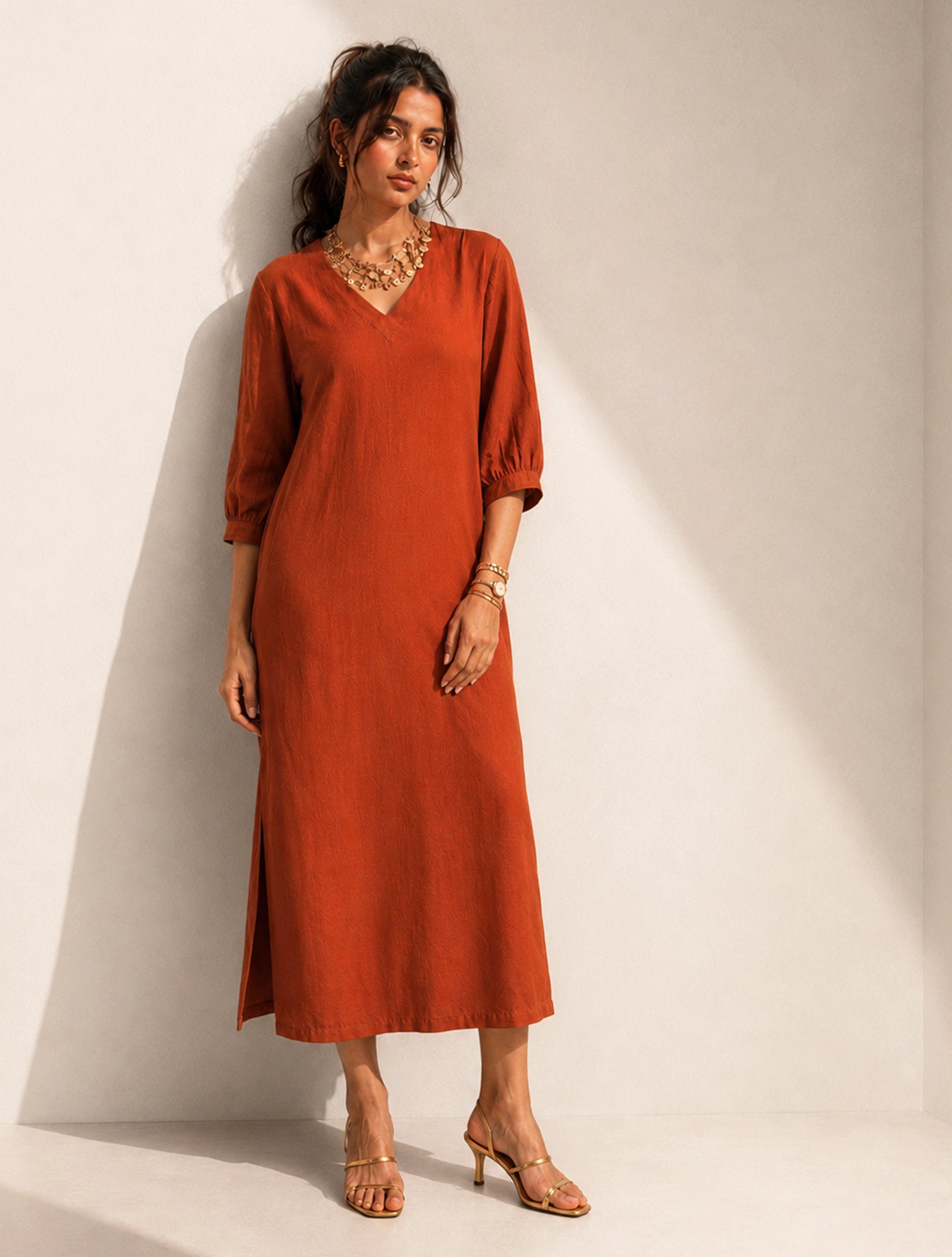 trueBrowns Rust Solid Viscose Long Dress