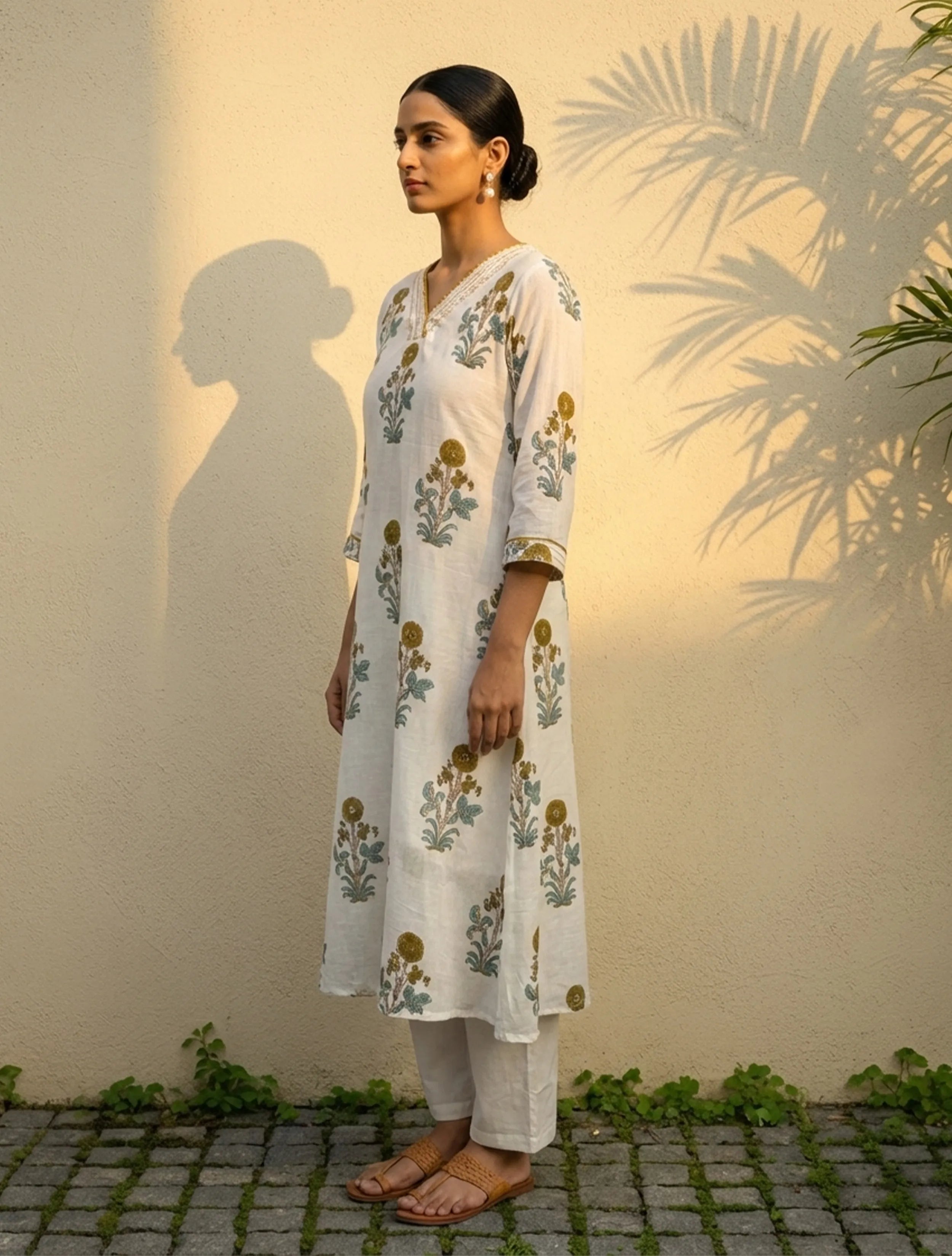 trueBrowns White Yellow Print V-Neck Kurta Pant Dupatta Set