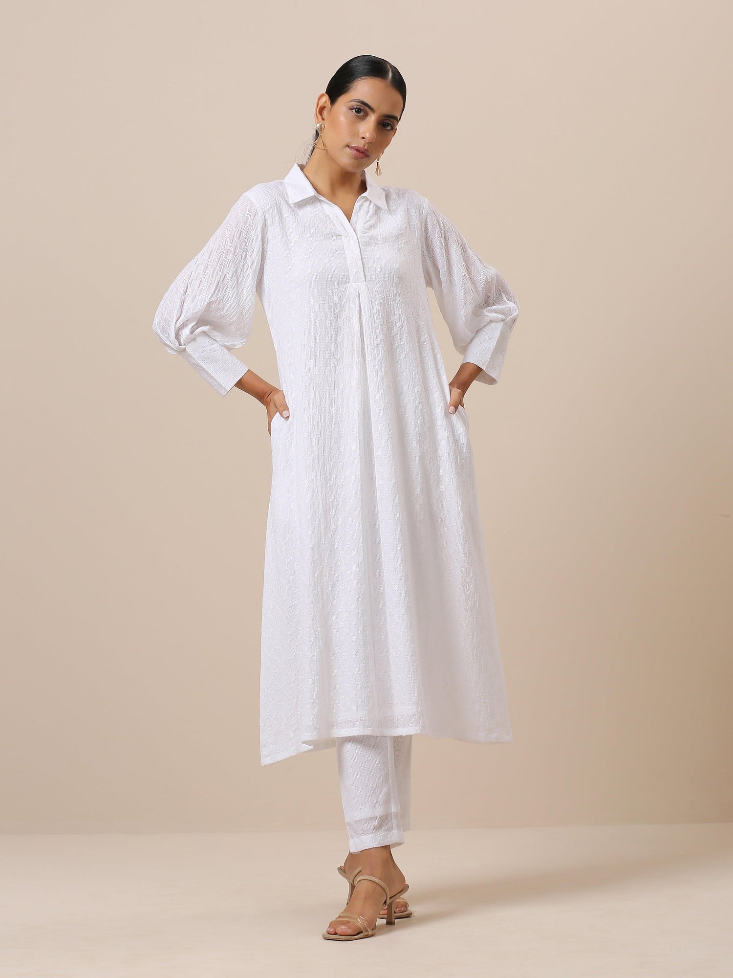 Cotton White Weave Collar Kurta Pant Set - trueBrowns