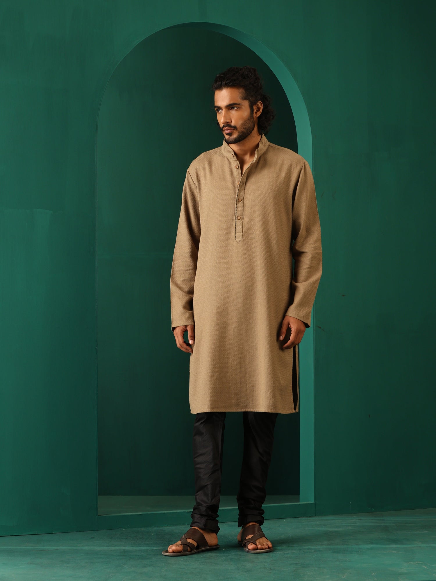 trueBrowns Men Beige Dobby Textured Kurta