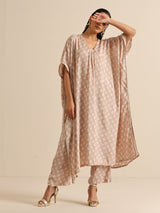 Beige White Floral Silk Print Kaftan Pant Set