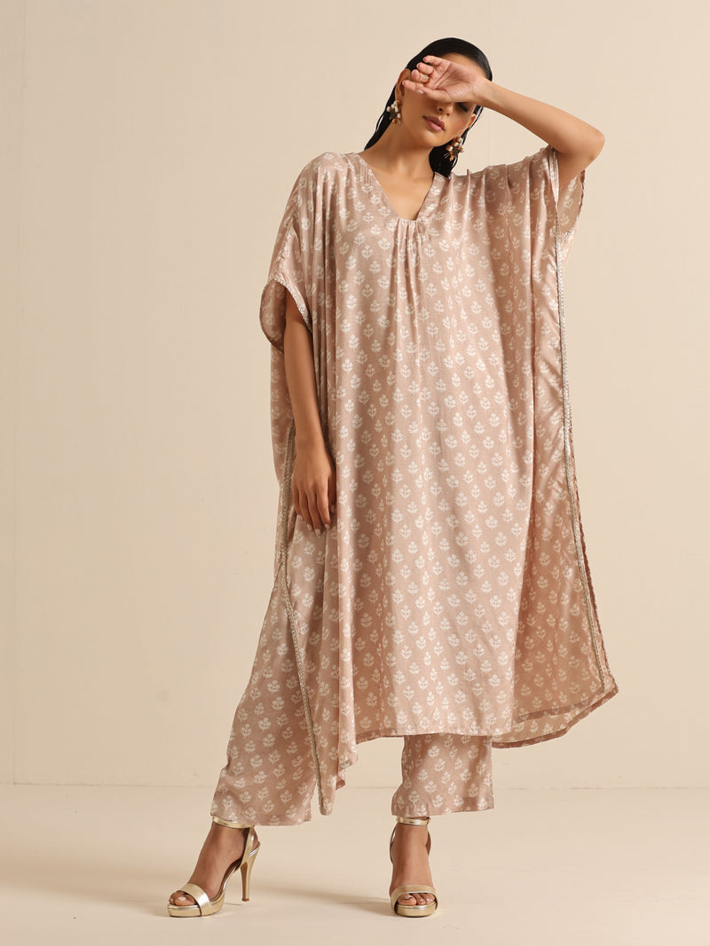 Beige White Floral Silk Print Kaftan Pant Set