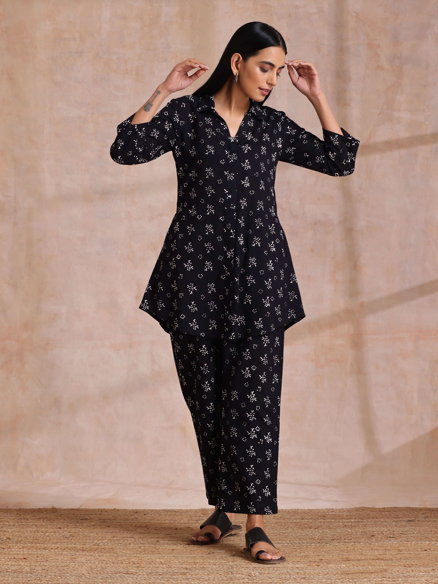 Black White Floral Print Cotton Collar Short Co-Ord Set