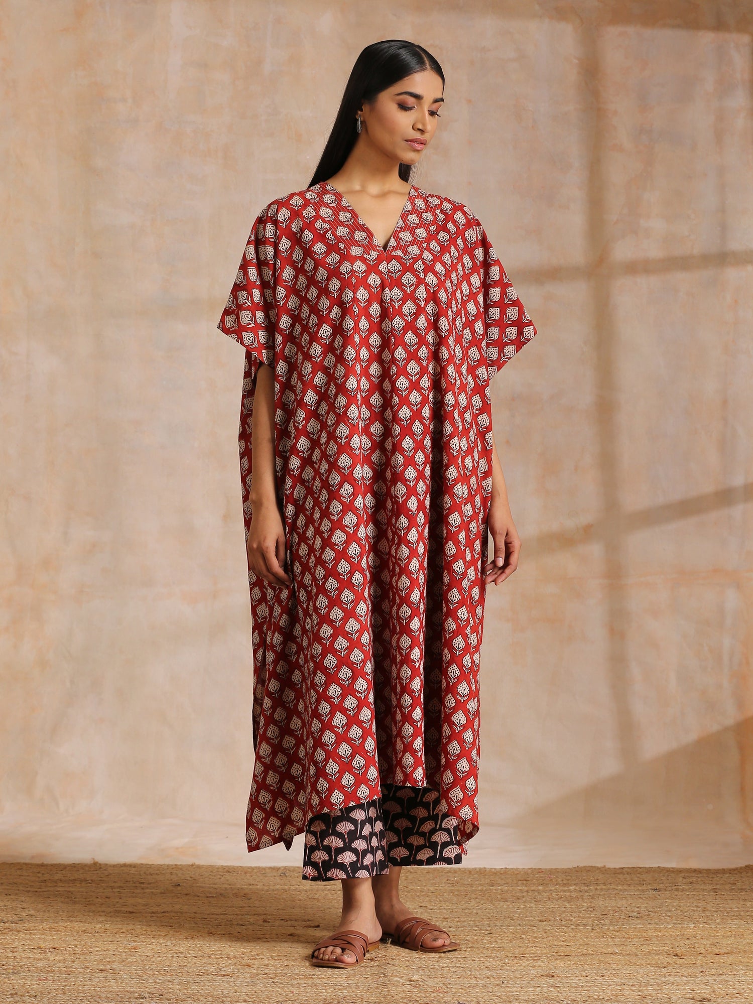 Rust Red Bagru Floral Print Cotton Panel Kaftan Kurta Pant Set