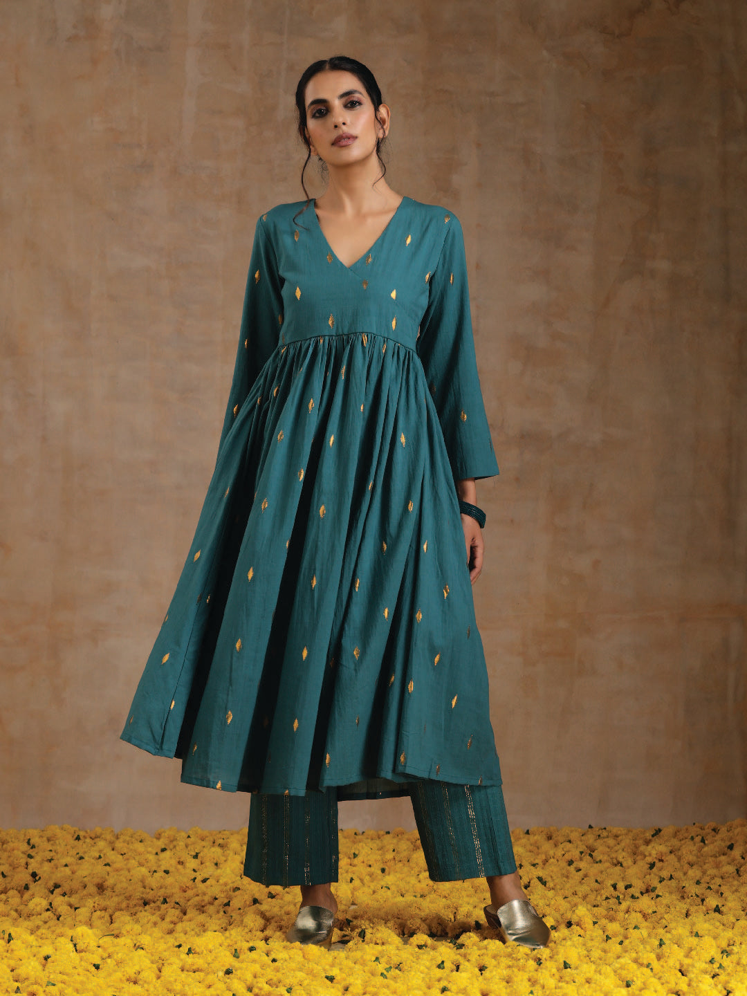 Deep Sea Gold Cotton Kalidar Kurta Set