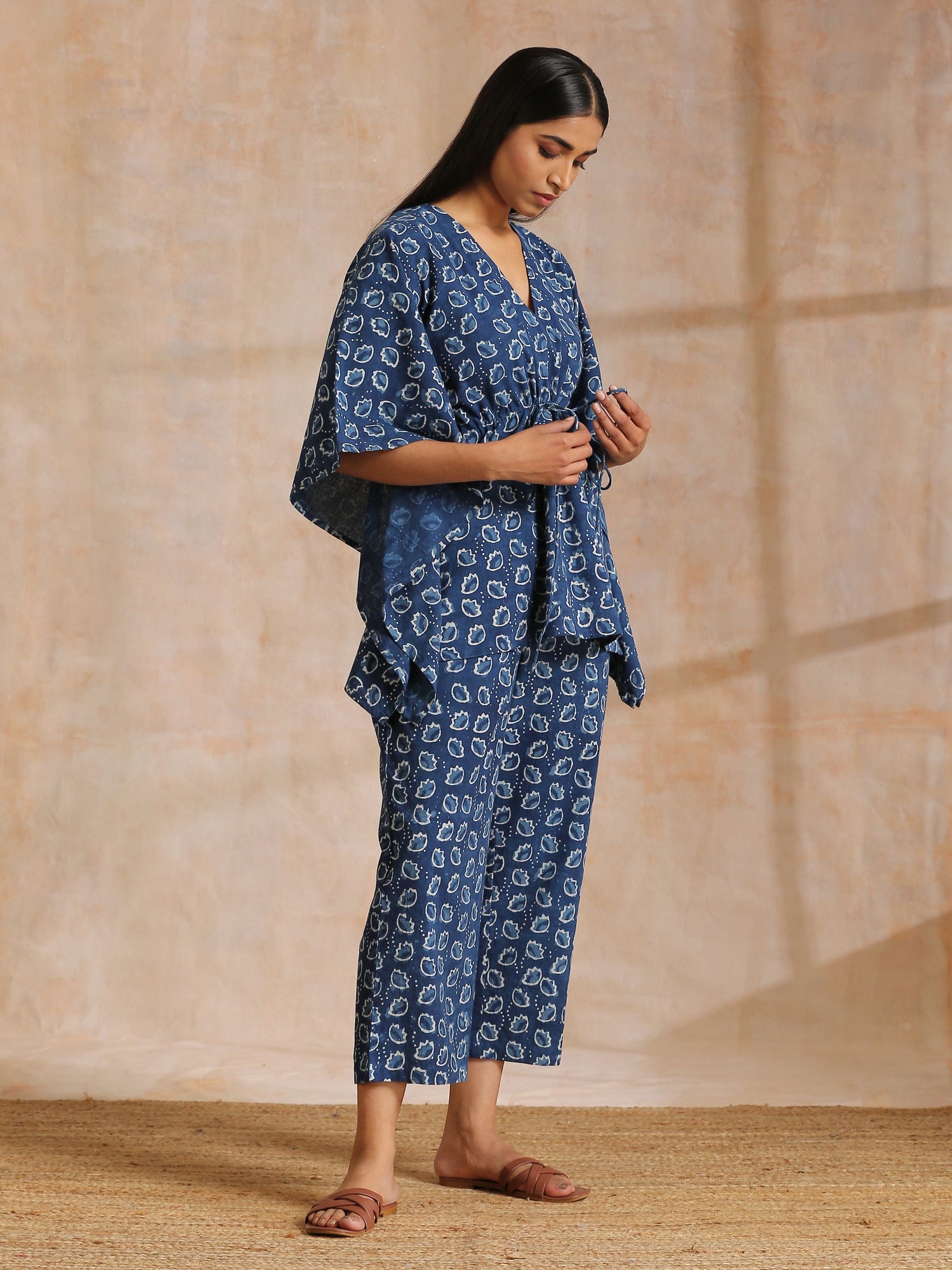 Indigo Dabu Floral Print Cotton Kaftan Co-Ord Set