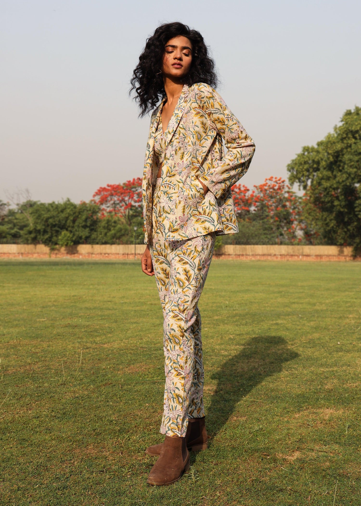 Light Sage Cotton Block Print Pant Suit Set - trueBrowns