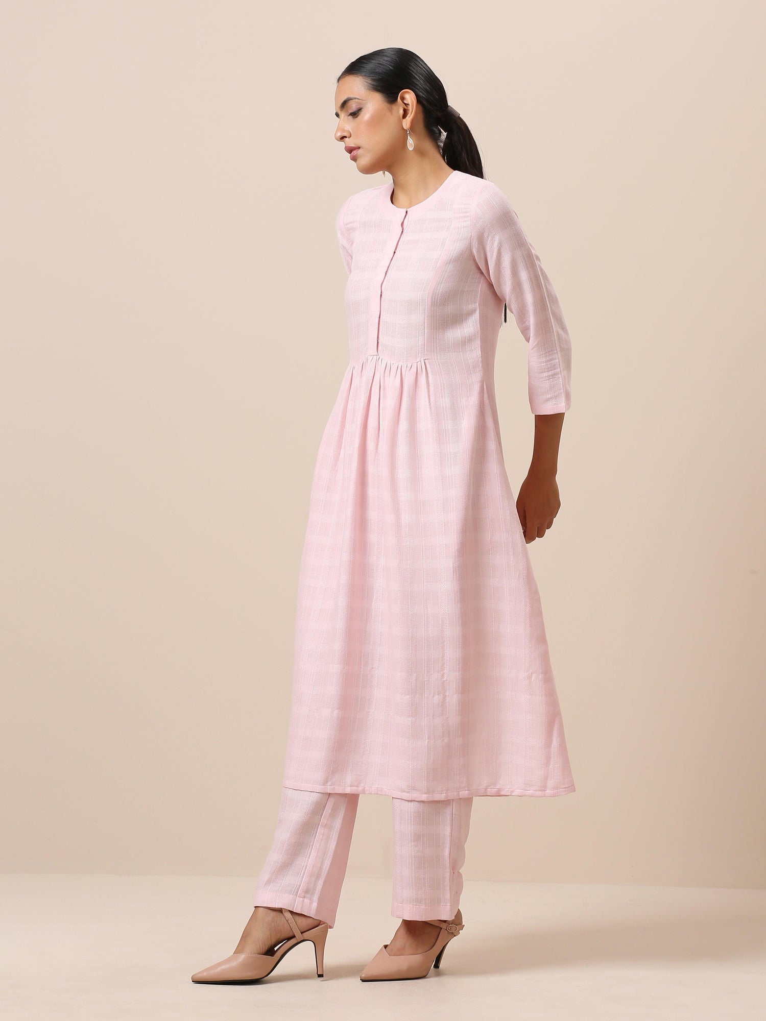 Cotton Rose Pink Flared Kurta Pant Set - trueBrowns