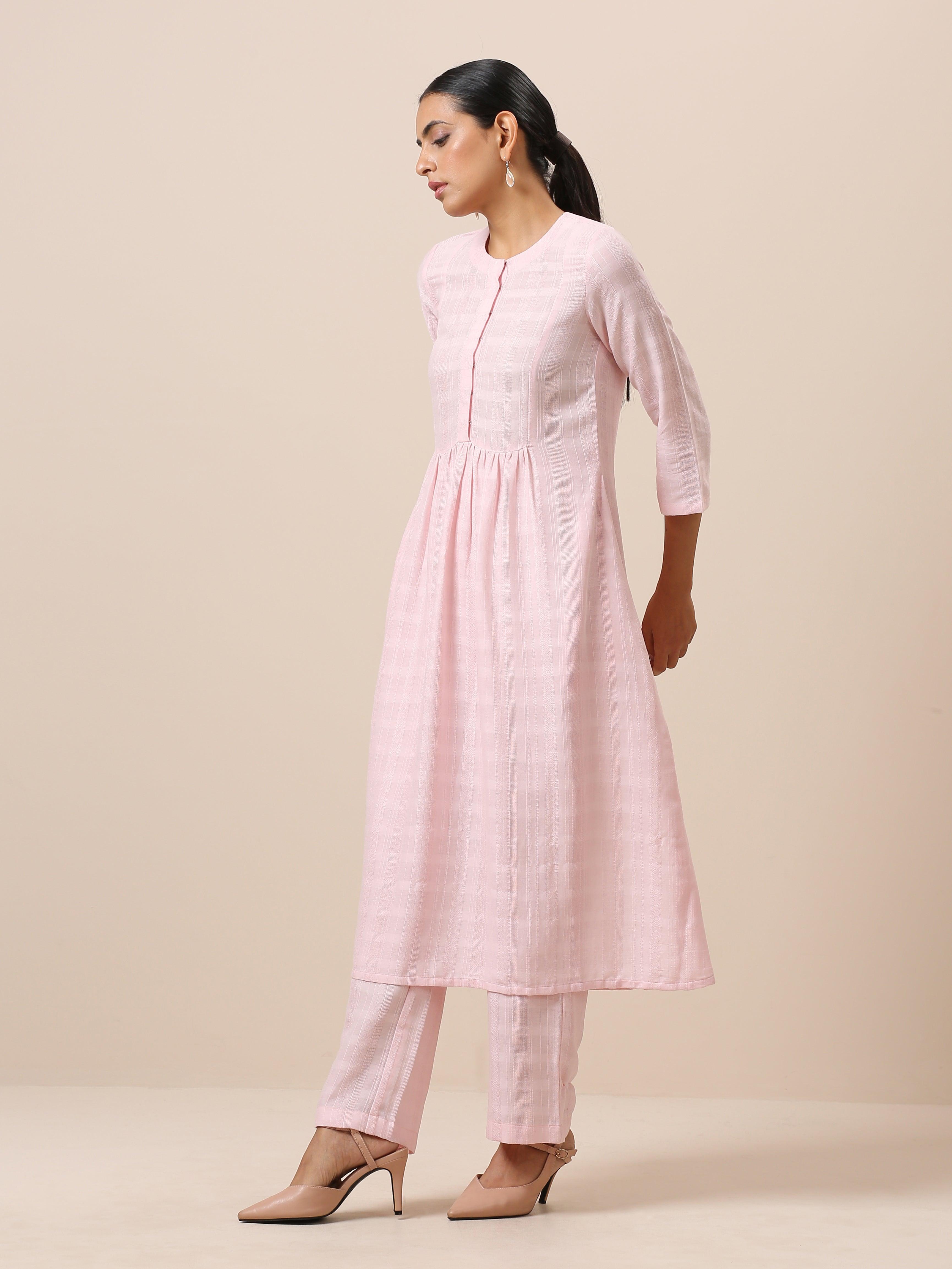 Cotton Rose Pink Flared Kurta Pant Set - trueBrowns
