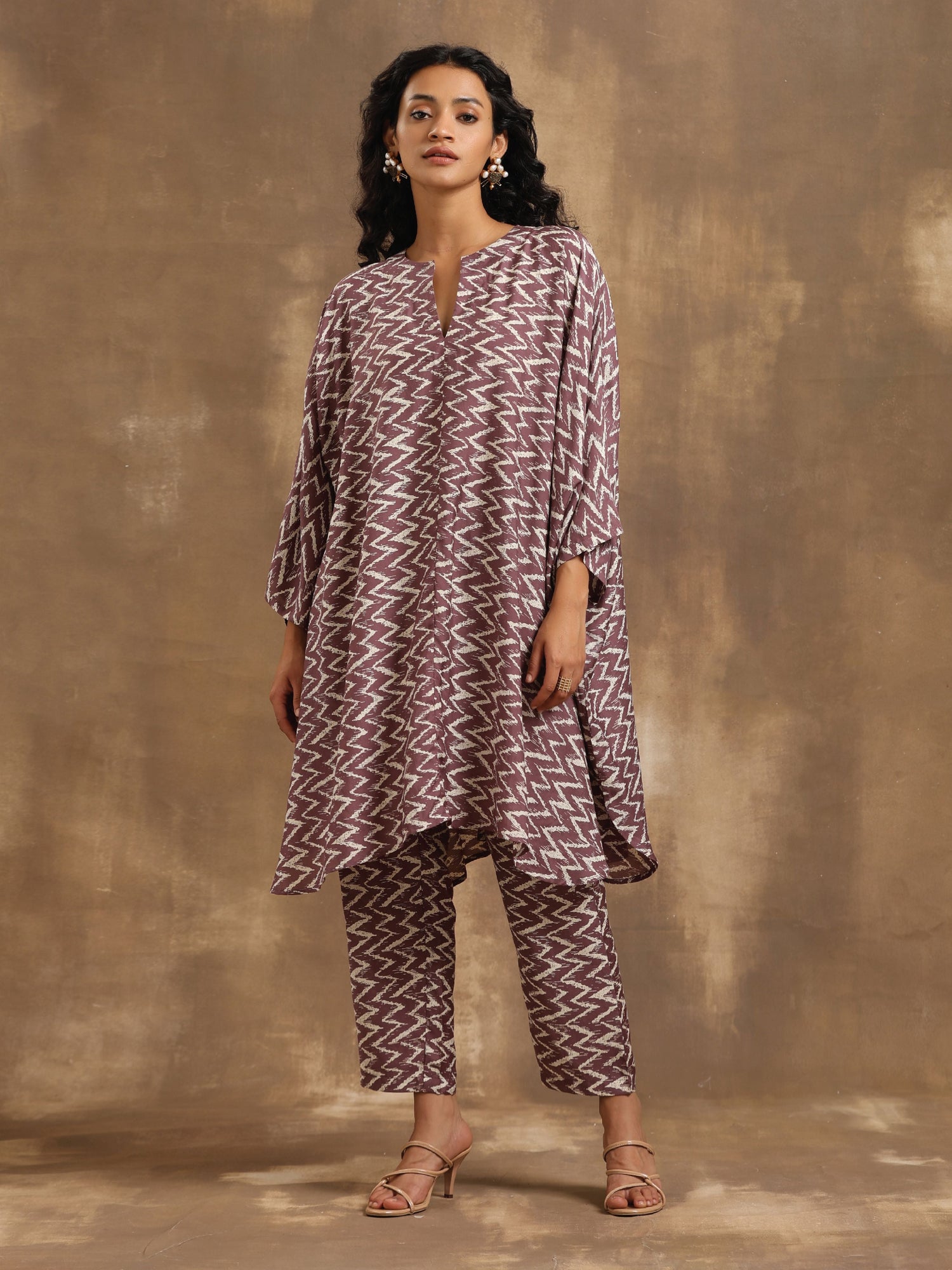 Dark Mauve Zig Zag Printed Silk Kaftan Co-Ord Set