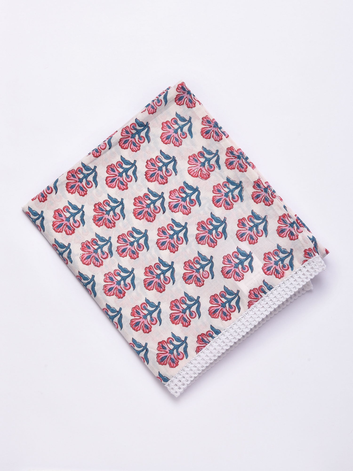 White Pink Floral Block Print Cotton Stole
