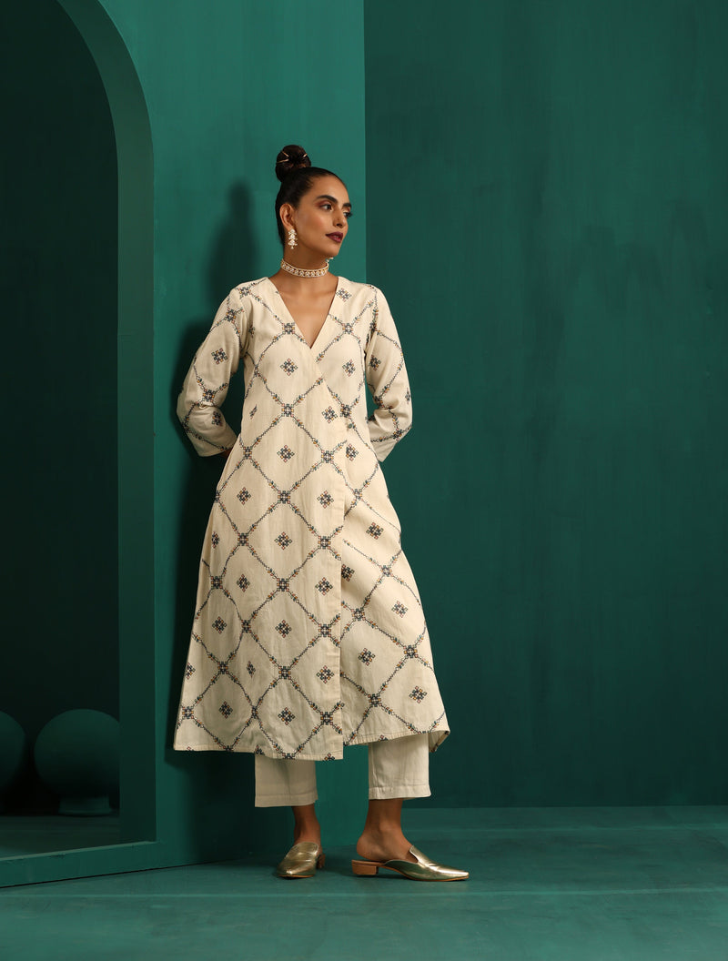trueBrowns Ivory Embroidered Angrakha Kurta Pant Set