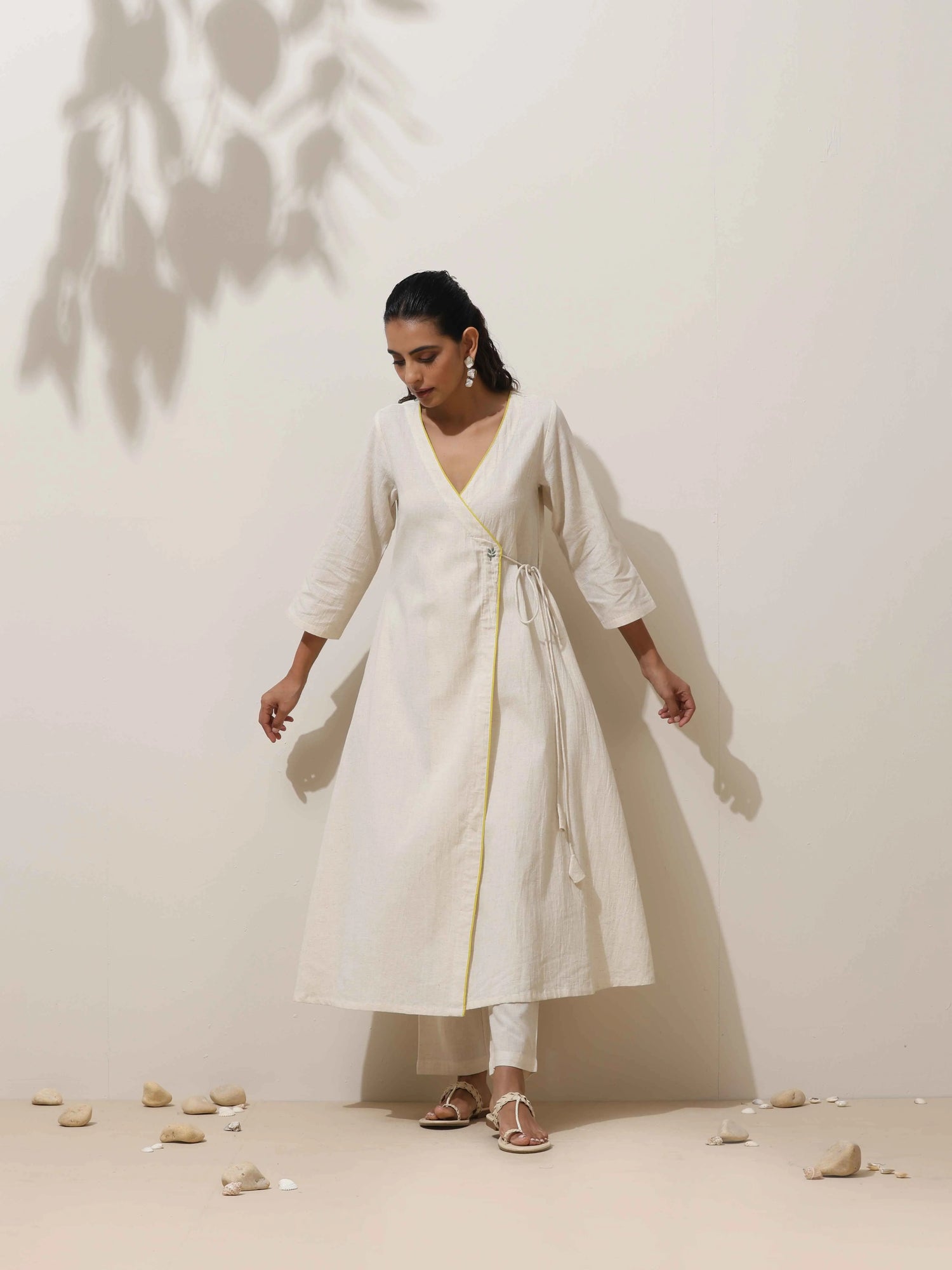 trueBrowns Off White Cotton Angrakha Kurta Pant Set