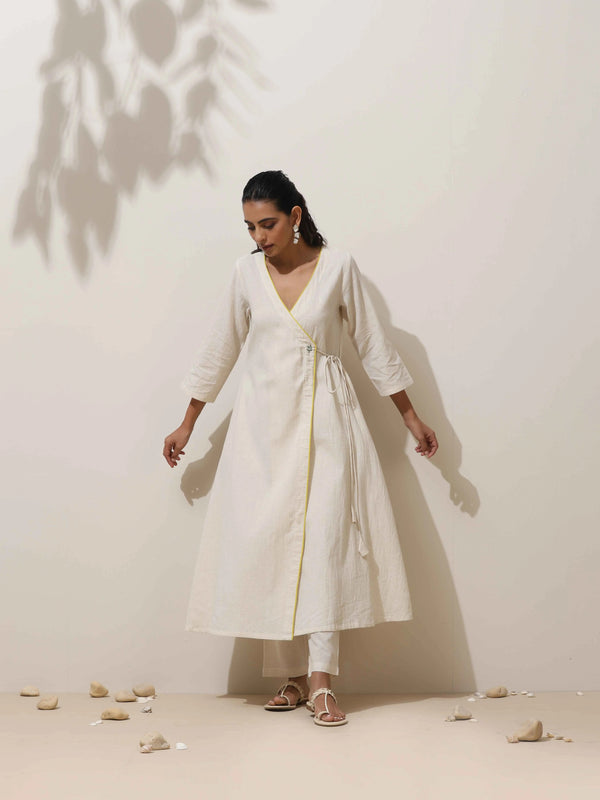 trueBrowns Off White Cotton Angrakha Kurta Pant Set