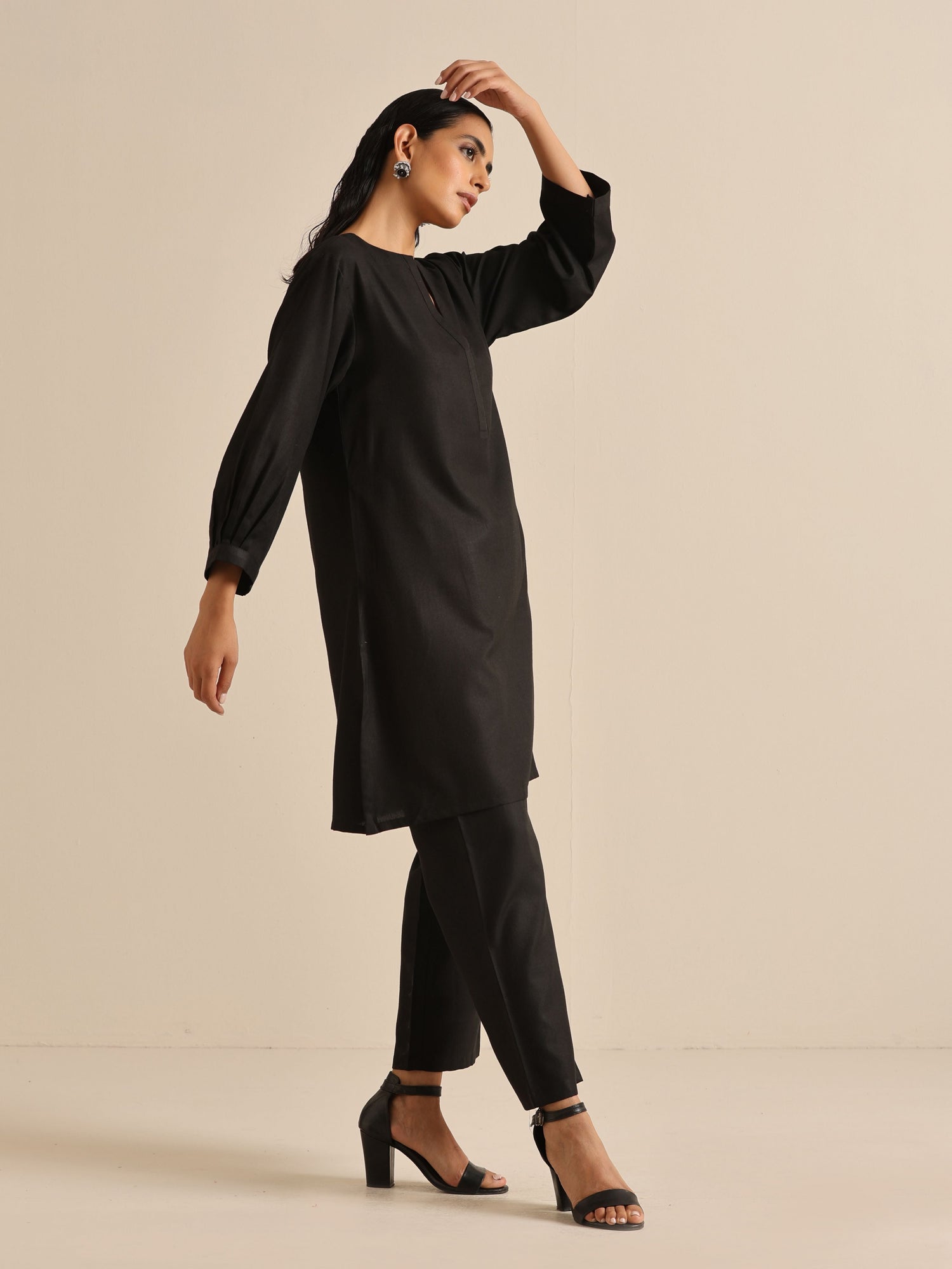 Black Slub Relaxed Placket Co-Ord Set