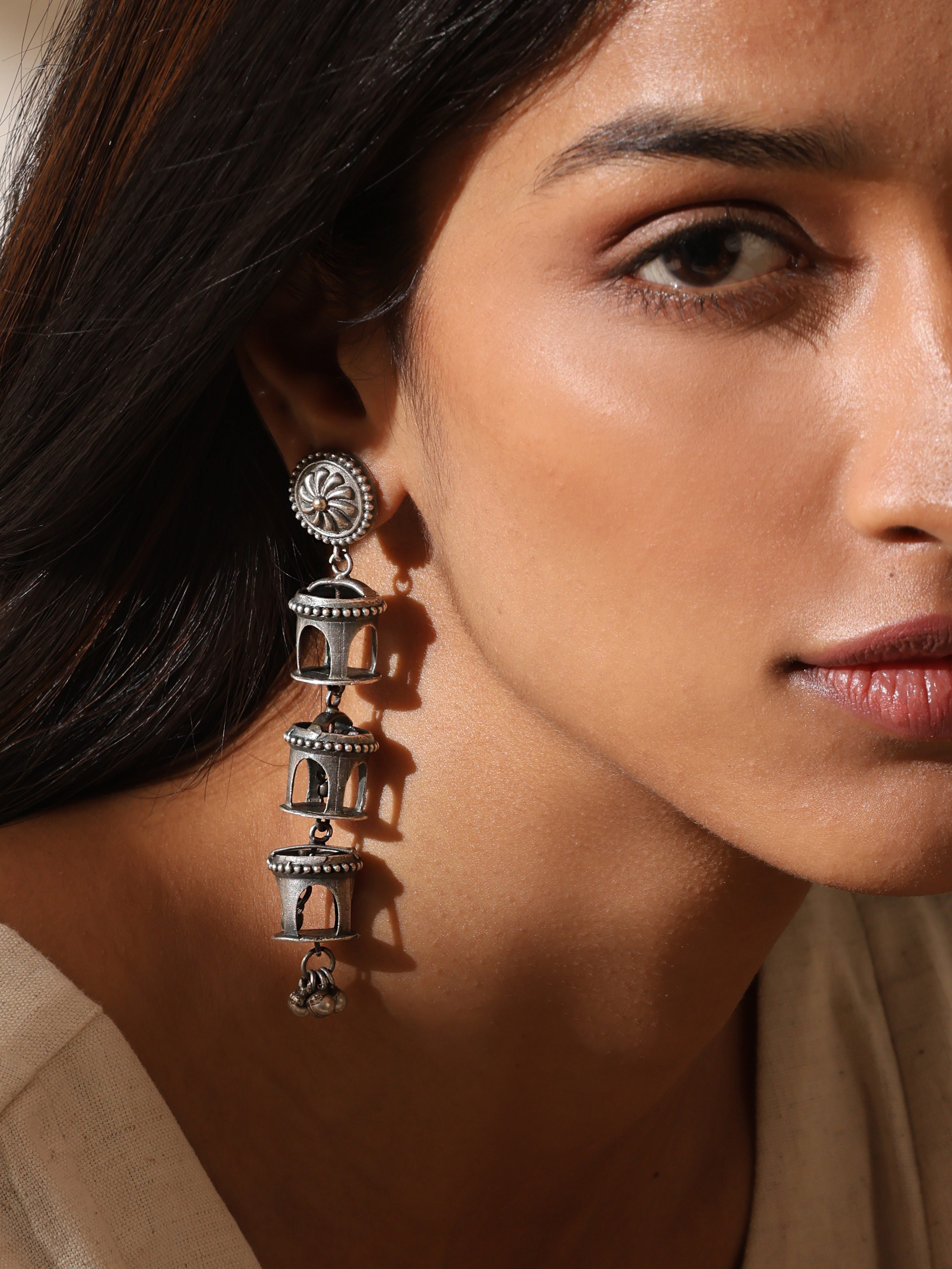 Silver-Plated Long Drop Minar Earrings